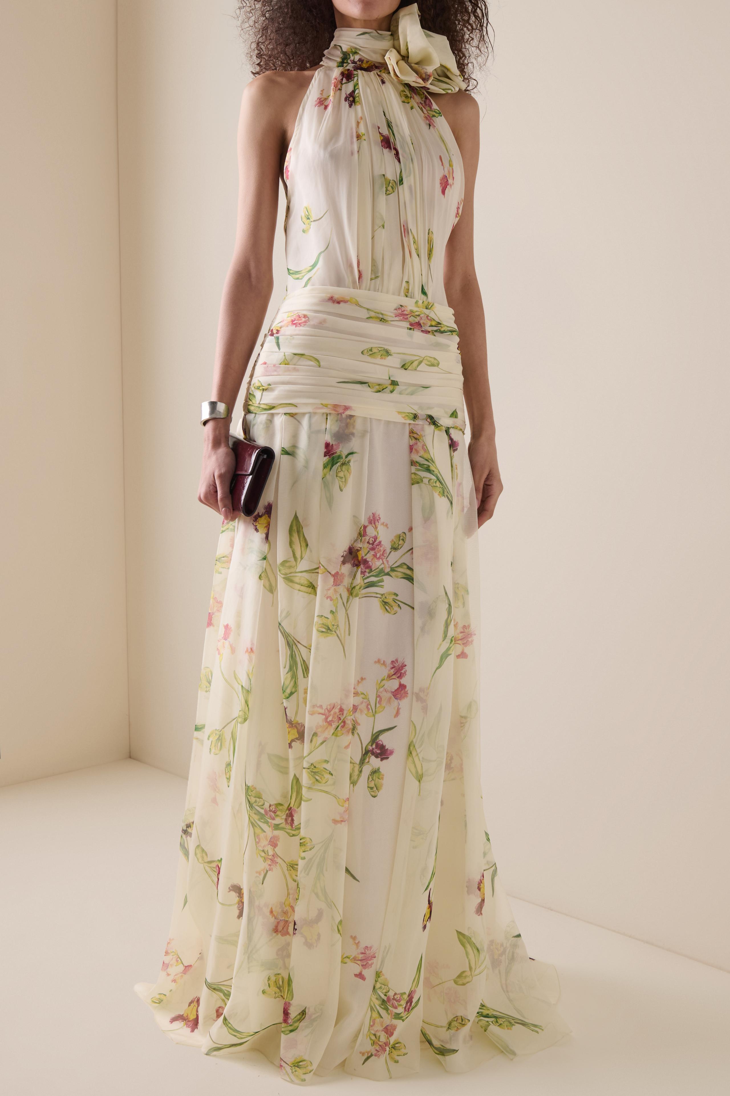 Floral Gathering Lace-Up Maxi Dress