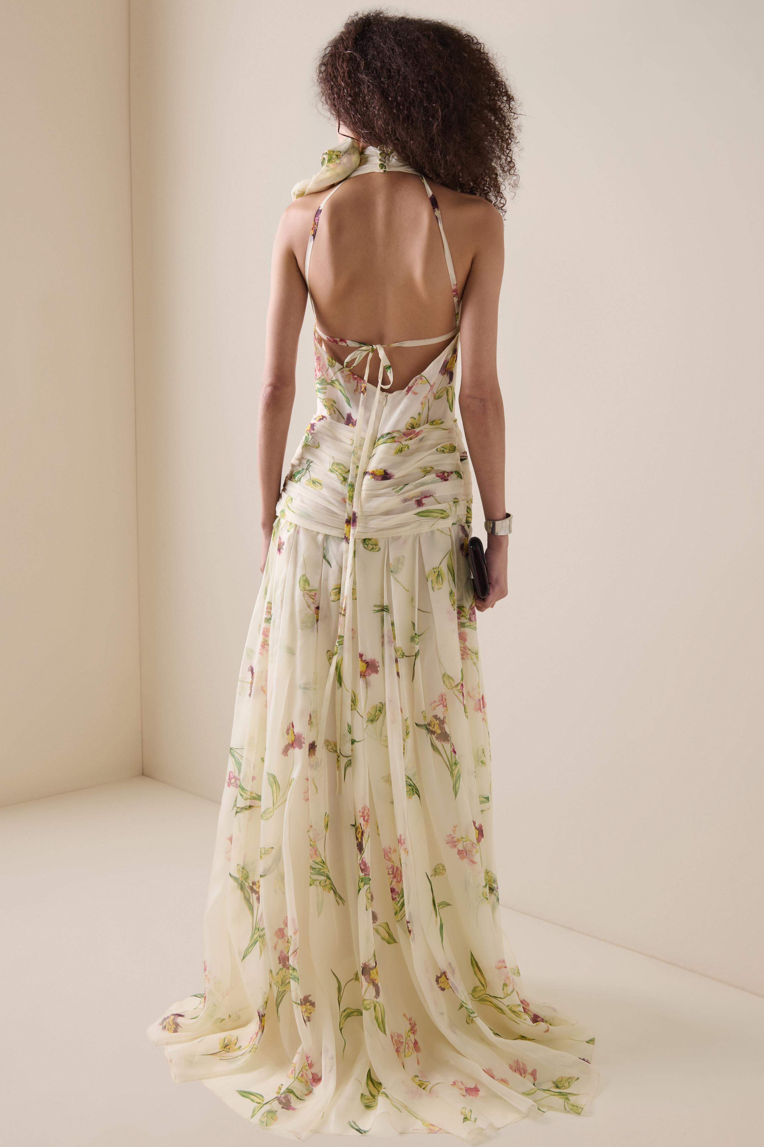 Floral Gathering Lace-Up Maxi Dress