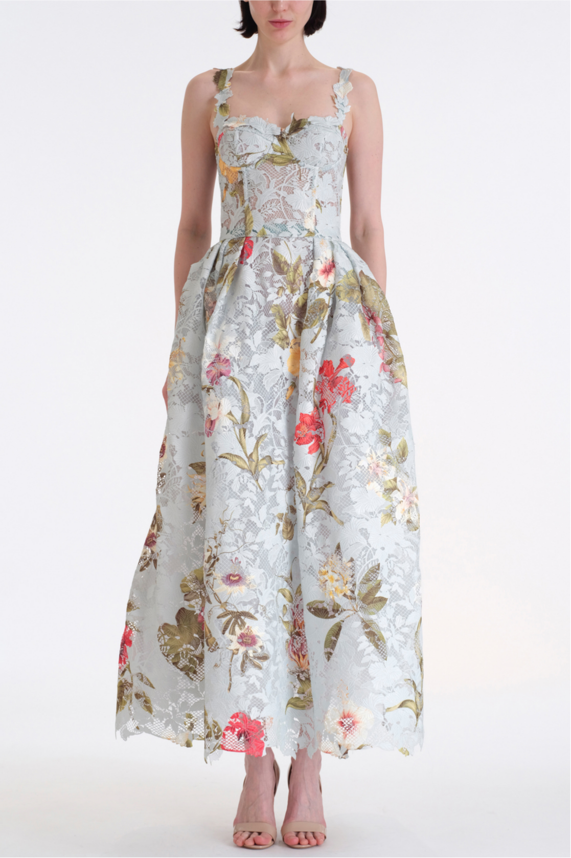 Lace Floral Sweetheart Neck Midi Dress