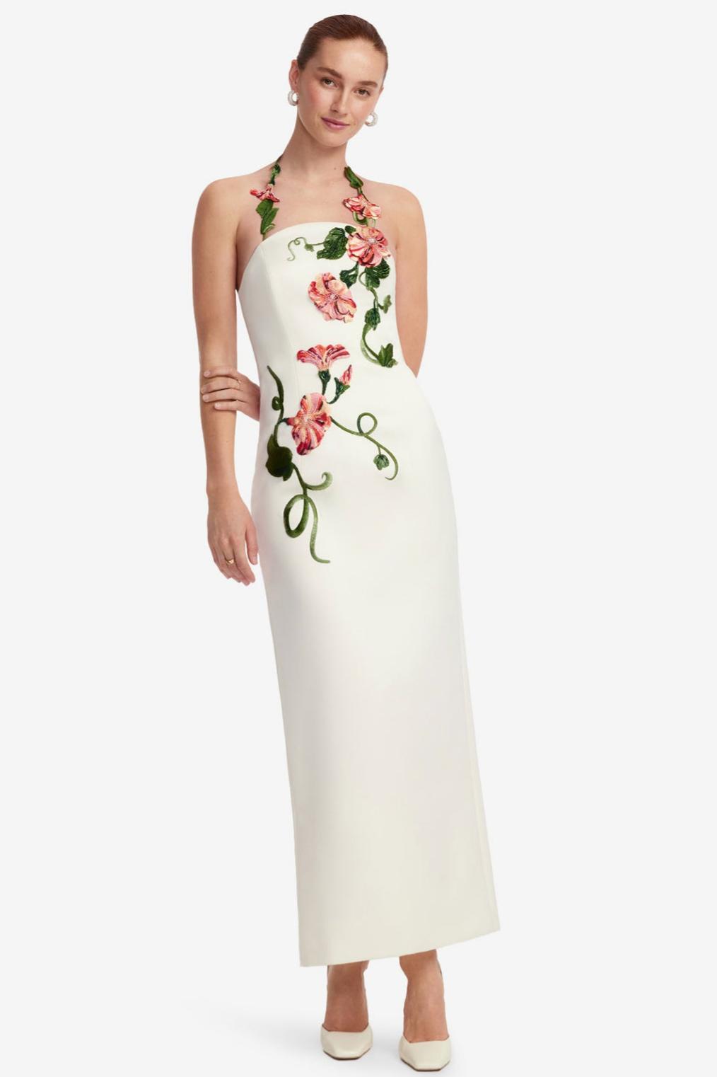 Embroidered Halter Neck Sleeveless Maxi Dress