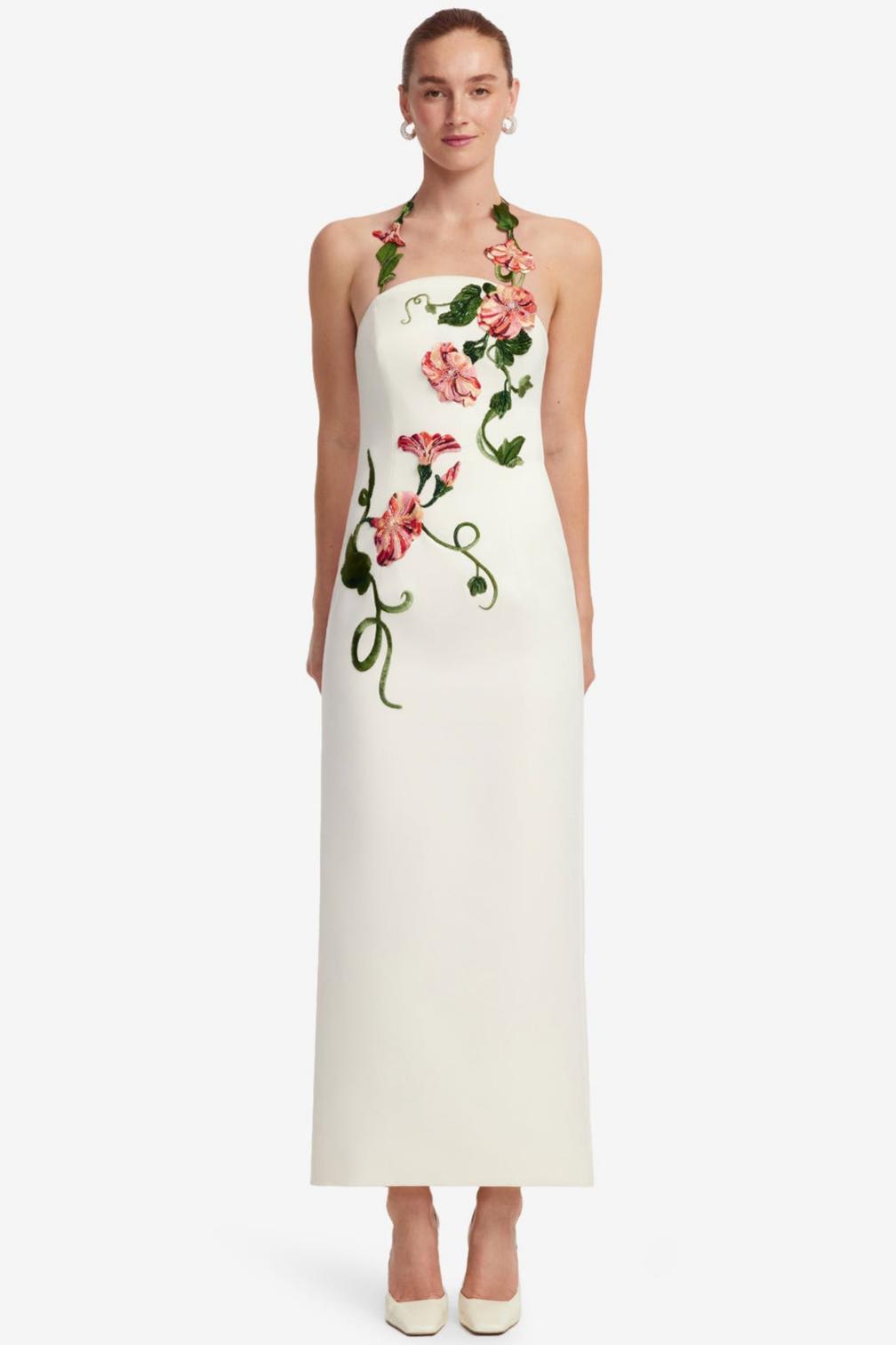 Embroidered Halter Neck Sleeveless Maxi Dress