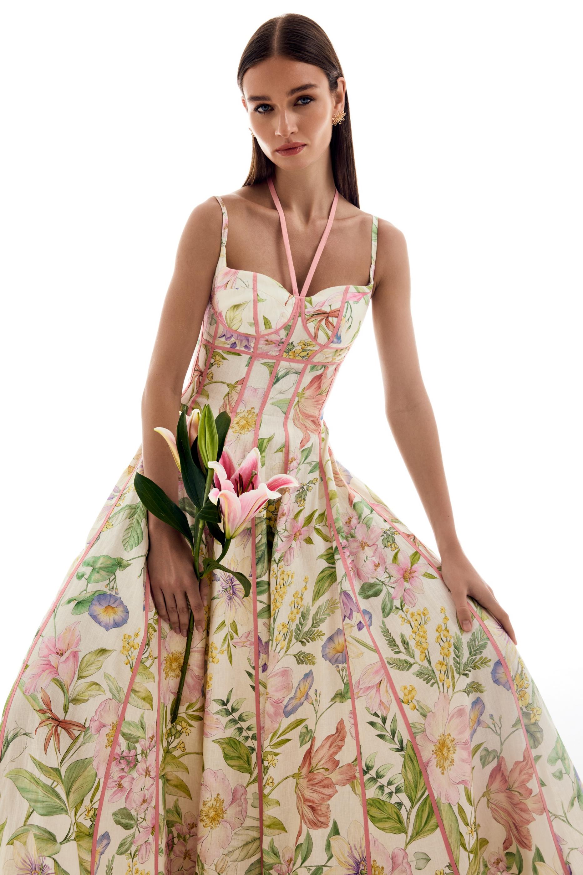 Floral Lace-Up Sweetheart Neck Midi Dress