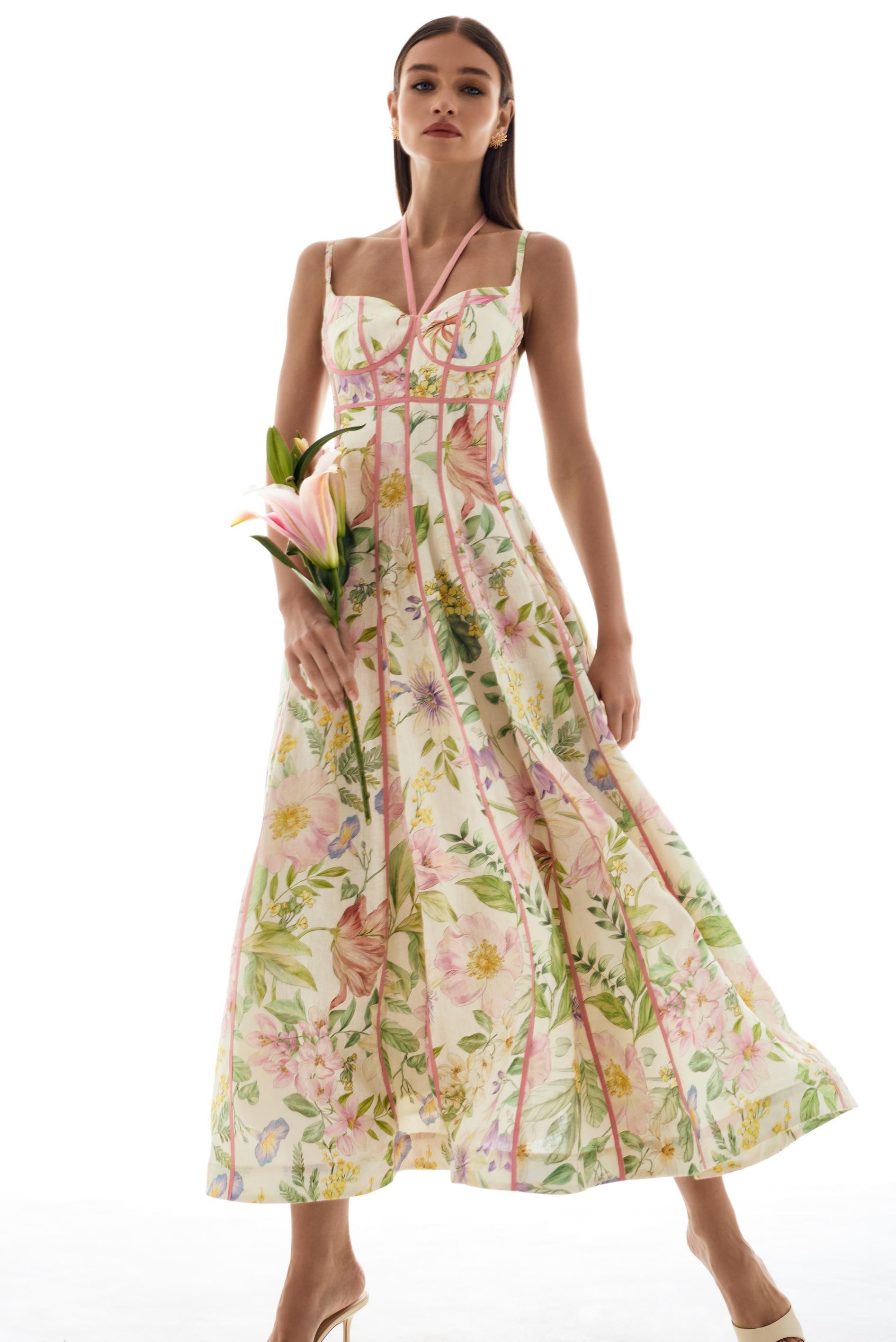 Floral Lace-Up Sweetheart Neck Midi Dress