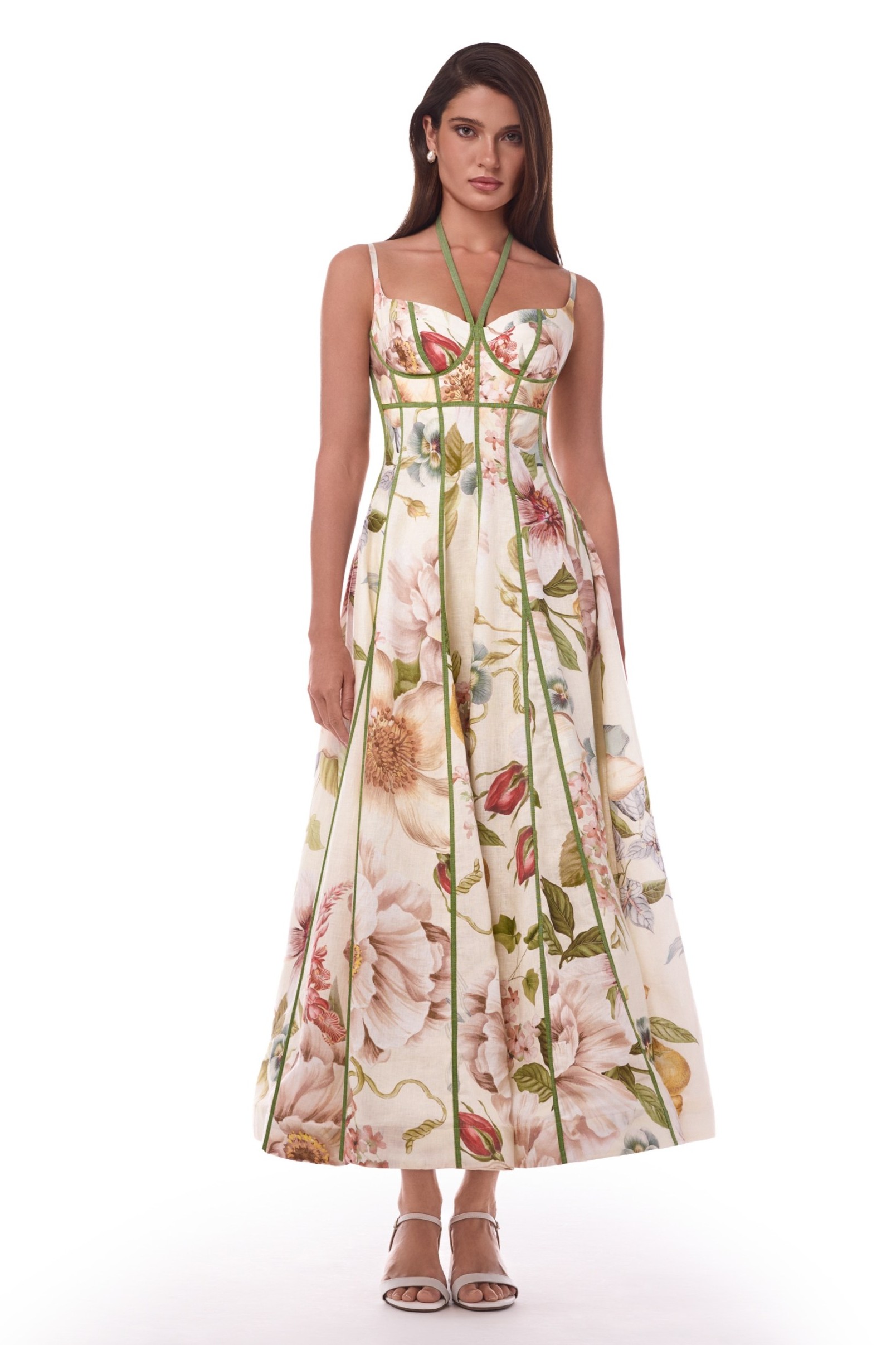 Floral Lace-Up Sweetheart Neck Midi Dress