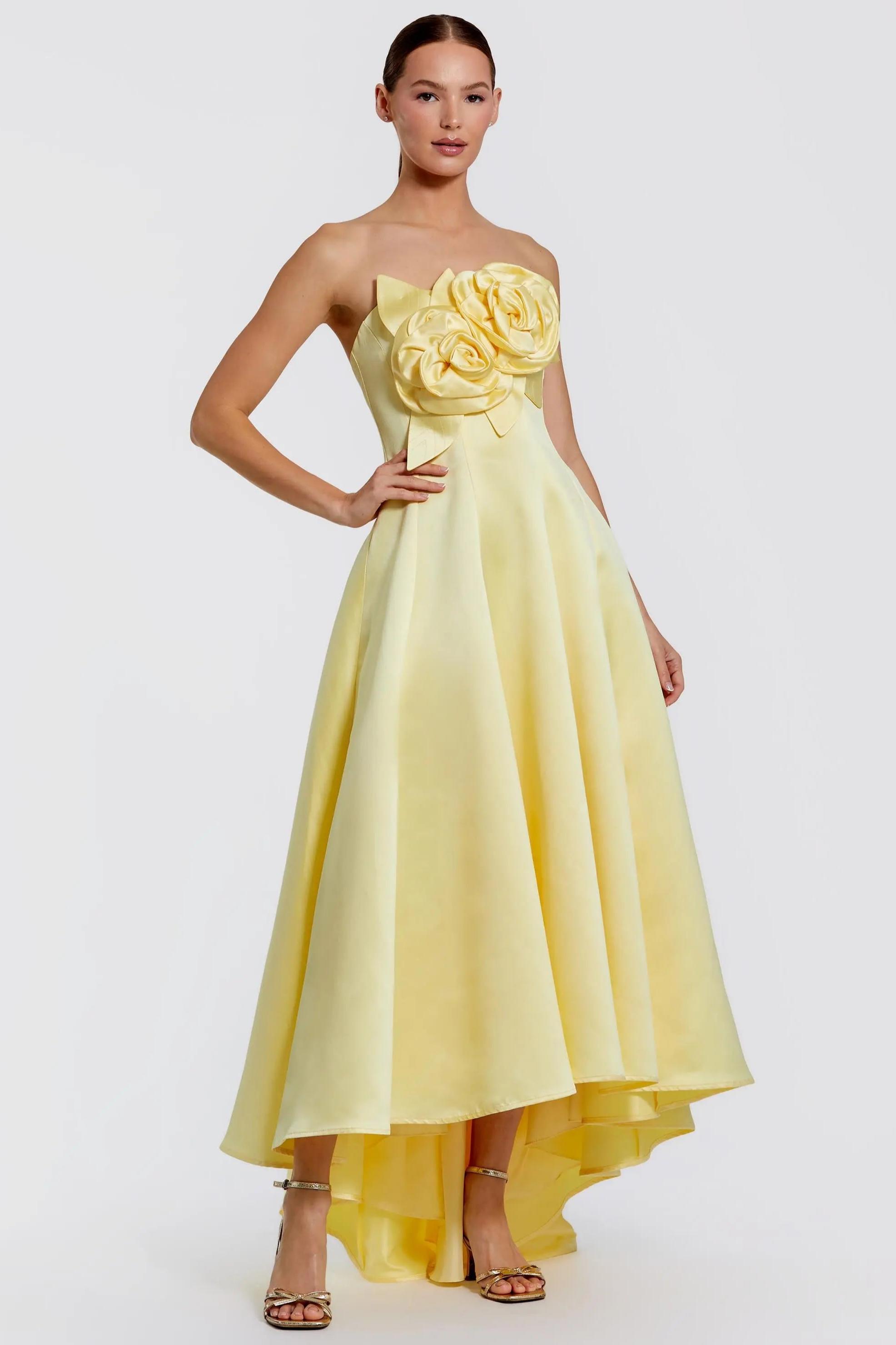 Satin 3D Flower Strapless Midi Dress