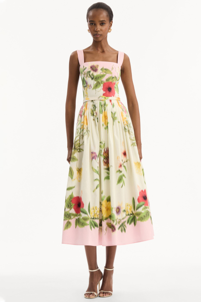 Floral Pleated Midi Dress With Belt