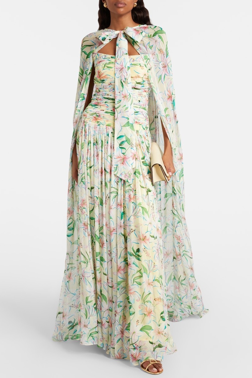Floral Pleated Maxi Dress With Cape