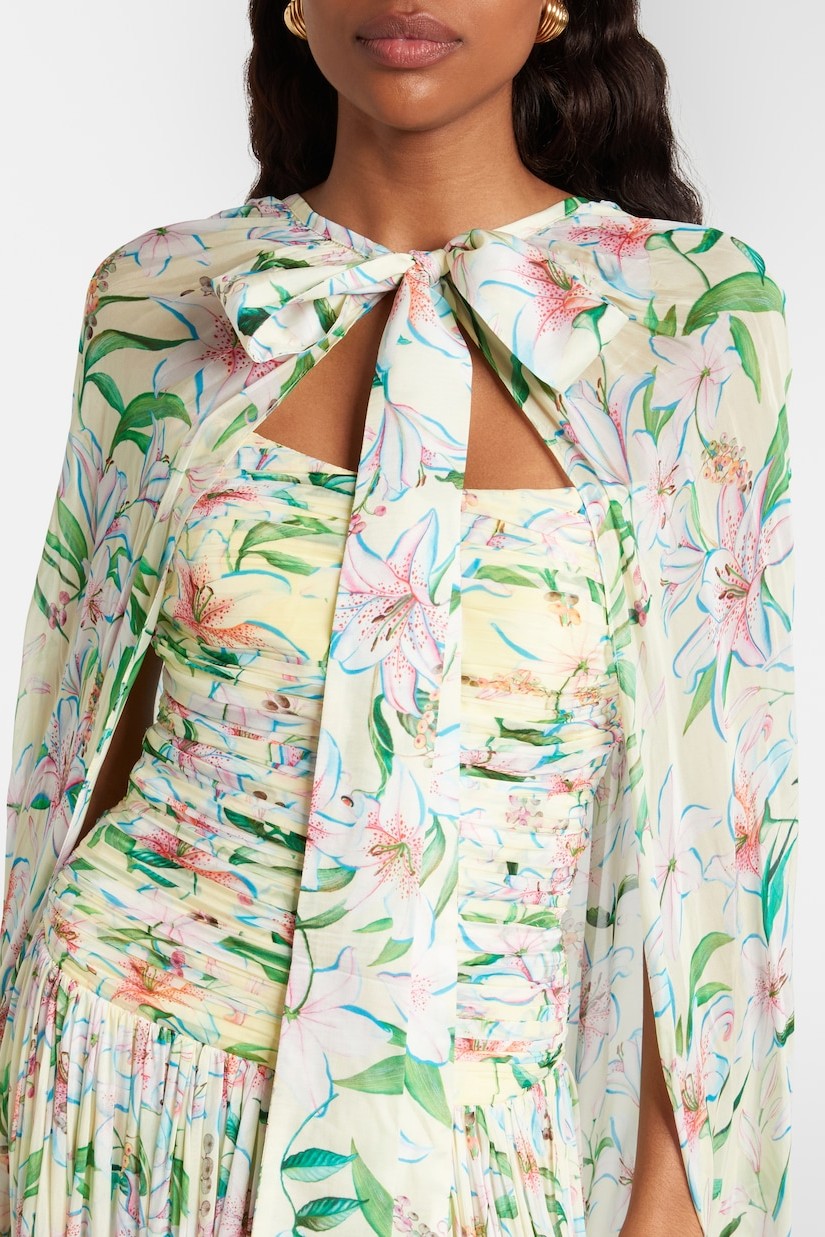 Floral Pleated Maxi Dress With Cape