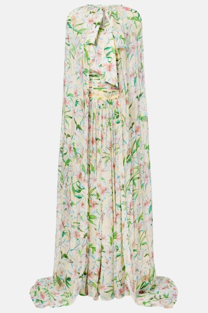 Floral Pleated Maxi Dress With Cape