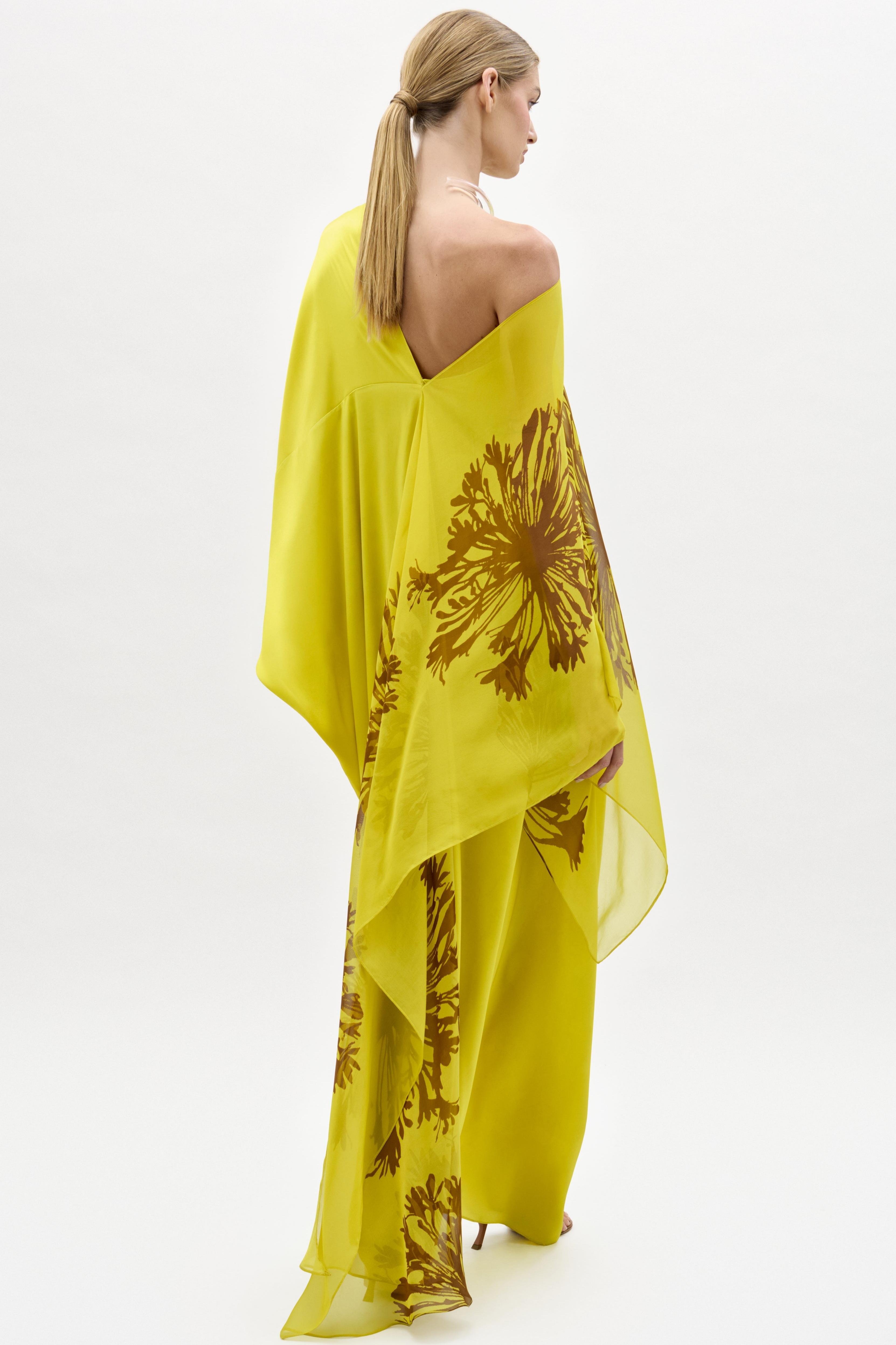 Satin Abstract Print Asymmetrical Sleeve Maxi Dress