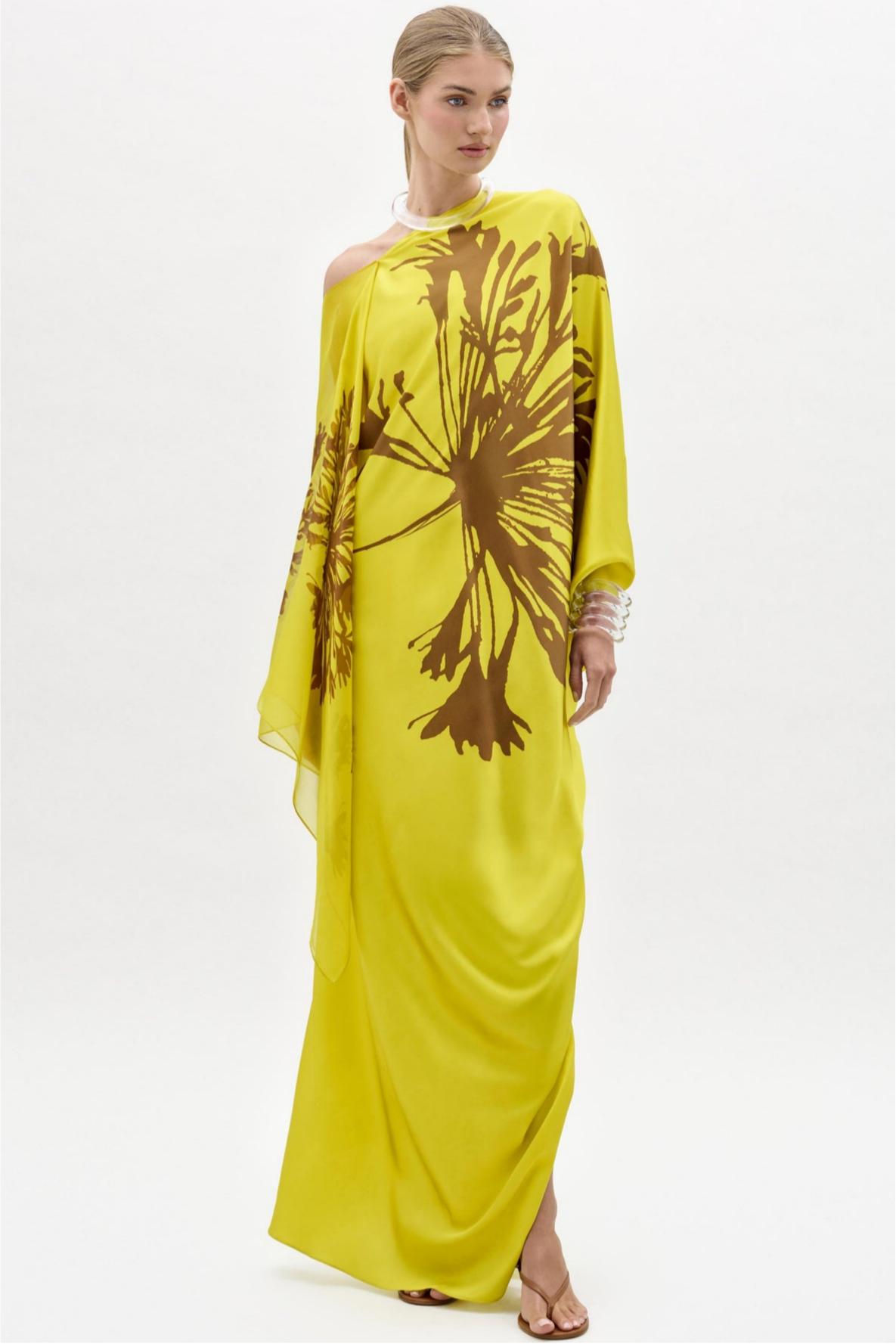 Satin Abstract Print Asymmetrical Sleeve Maxi Dress