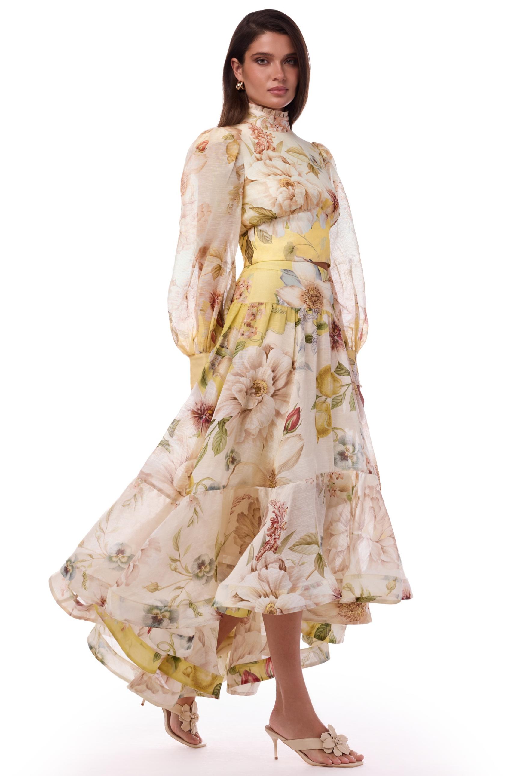 Organza Floral Top & Hight Waist Midi Skirt Set