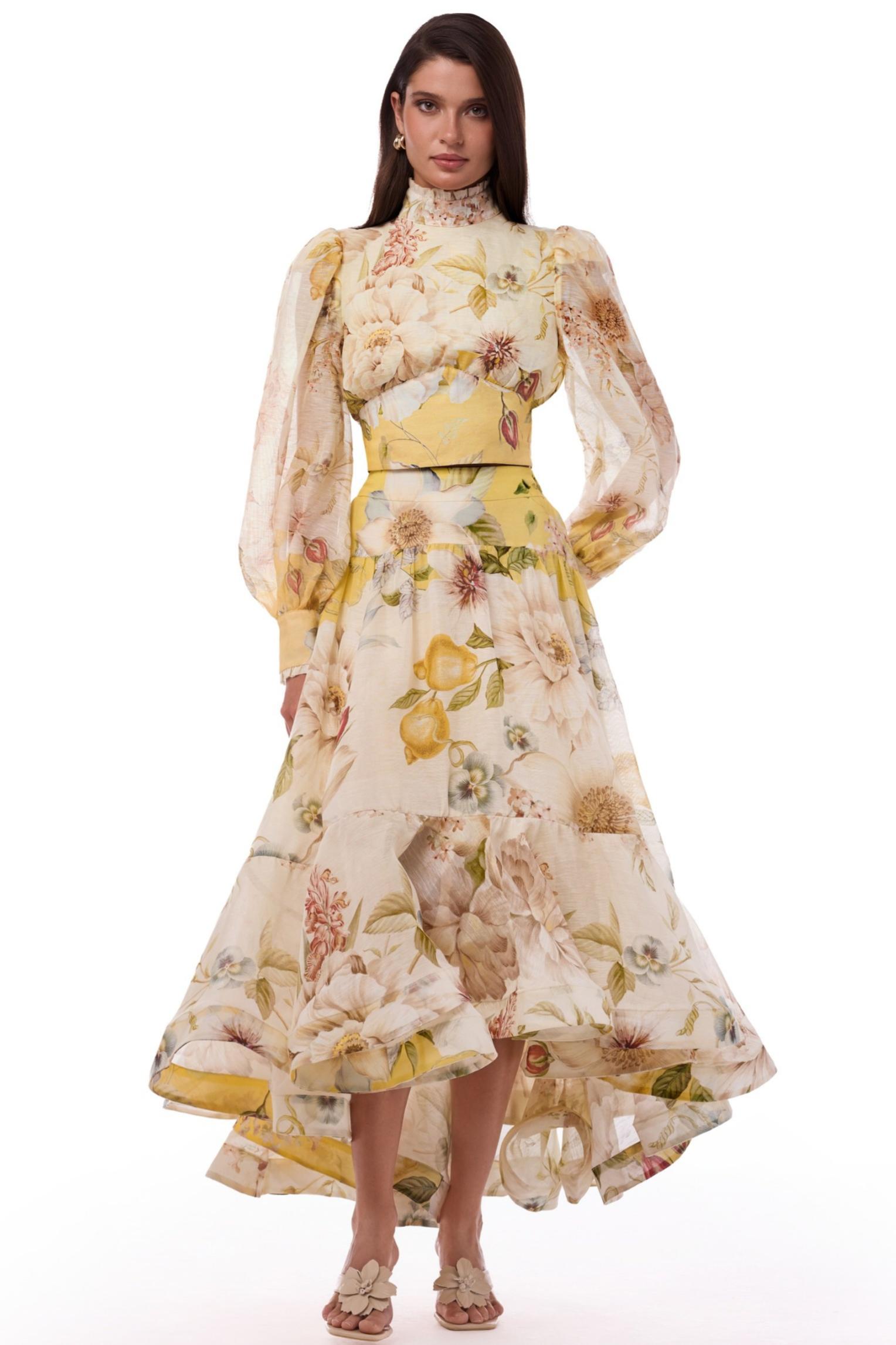 Organza Floral Top & Hight Waist Midi Skirt Set