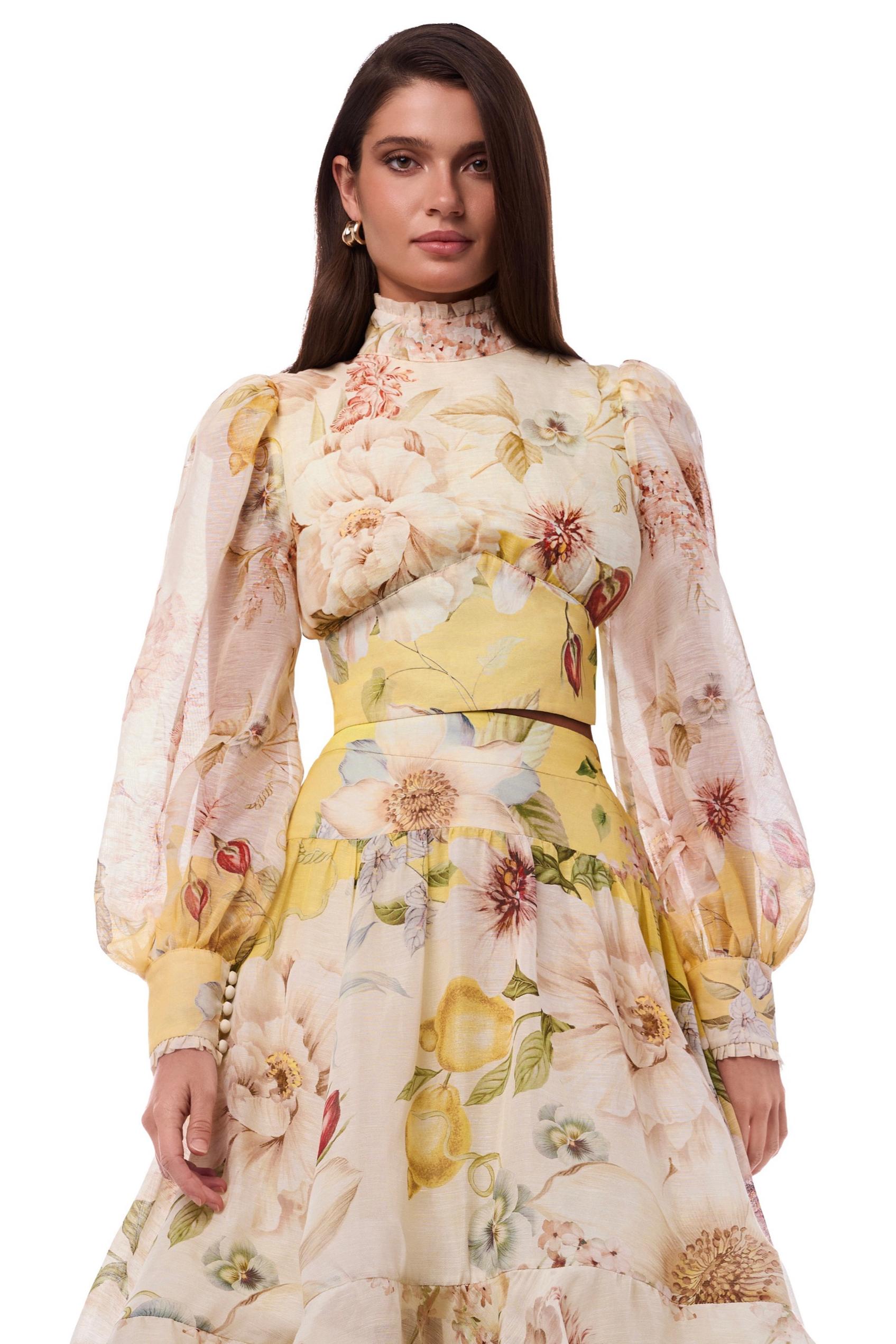 Organza Floral Top & Hight Waist Midi Skirt Set