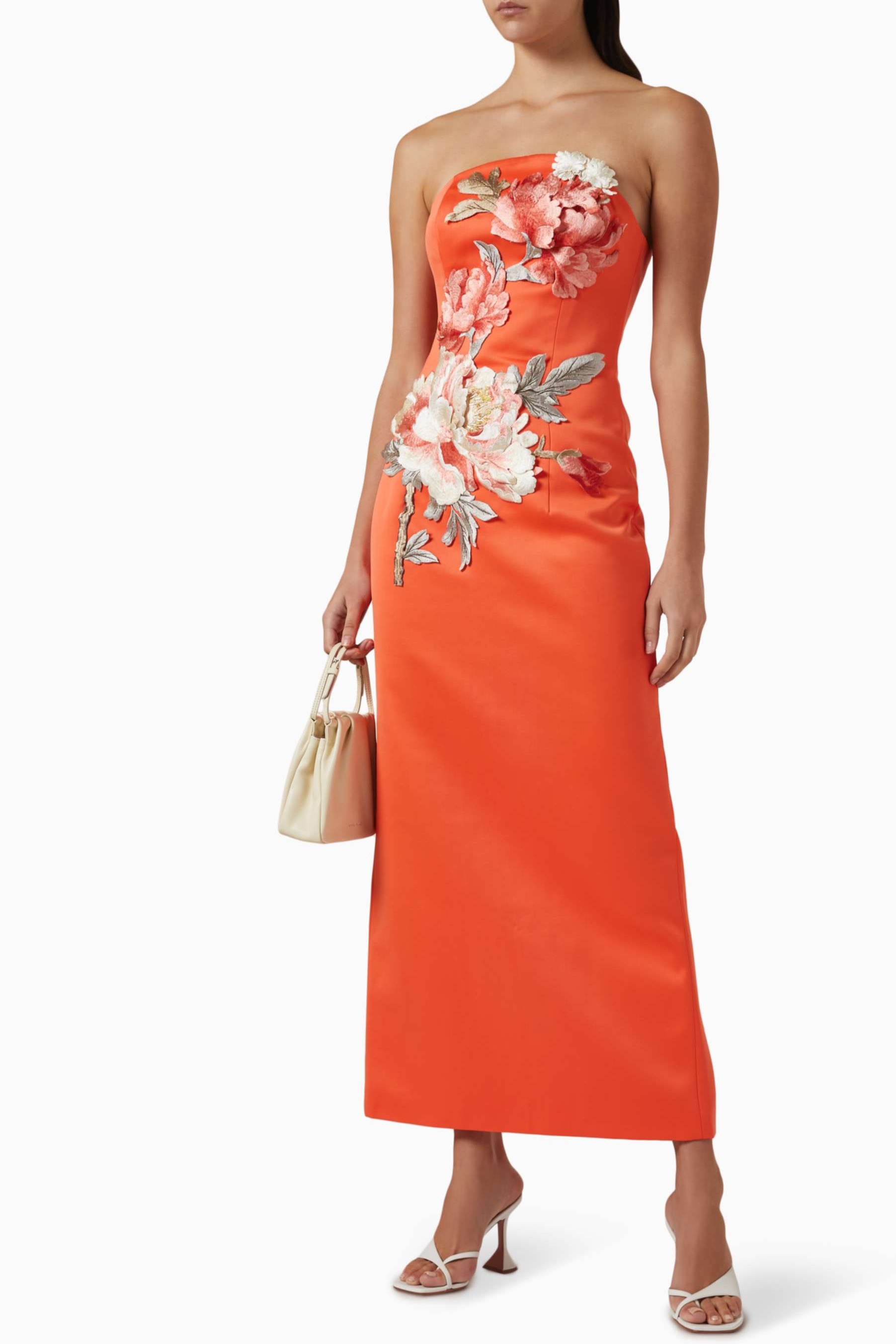 Satin Embroidered Off Shoulder Midi Dress