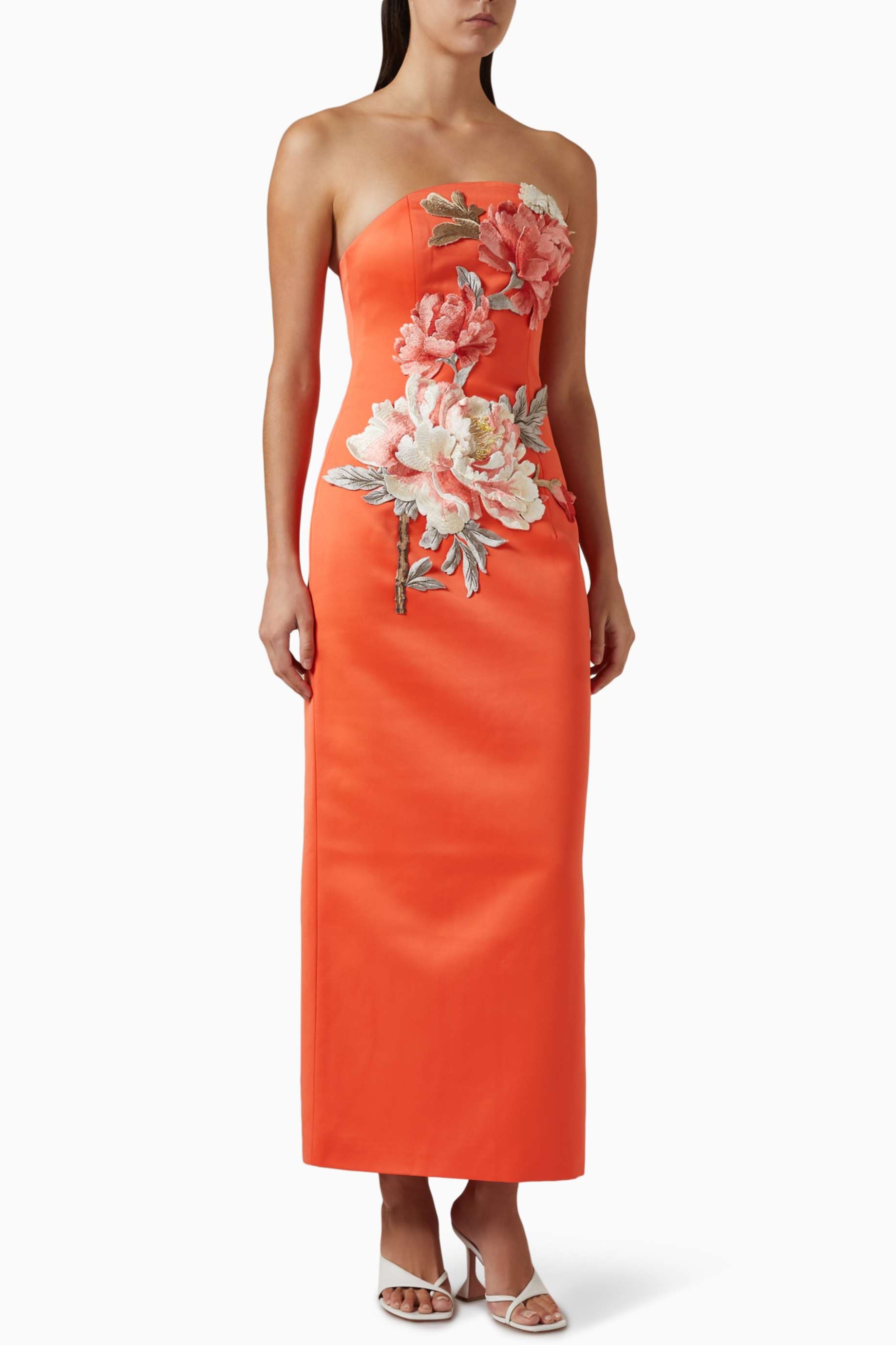 Satin Embroidered Off Shoulder Midi Dress