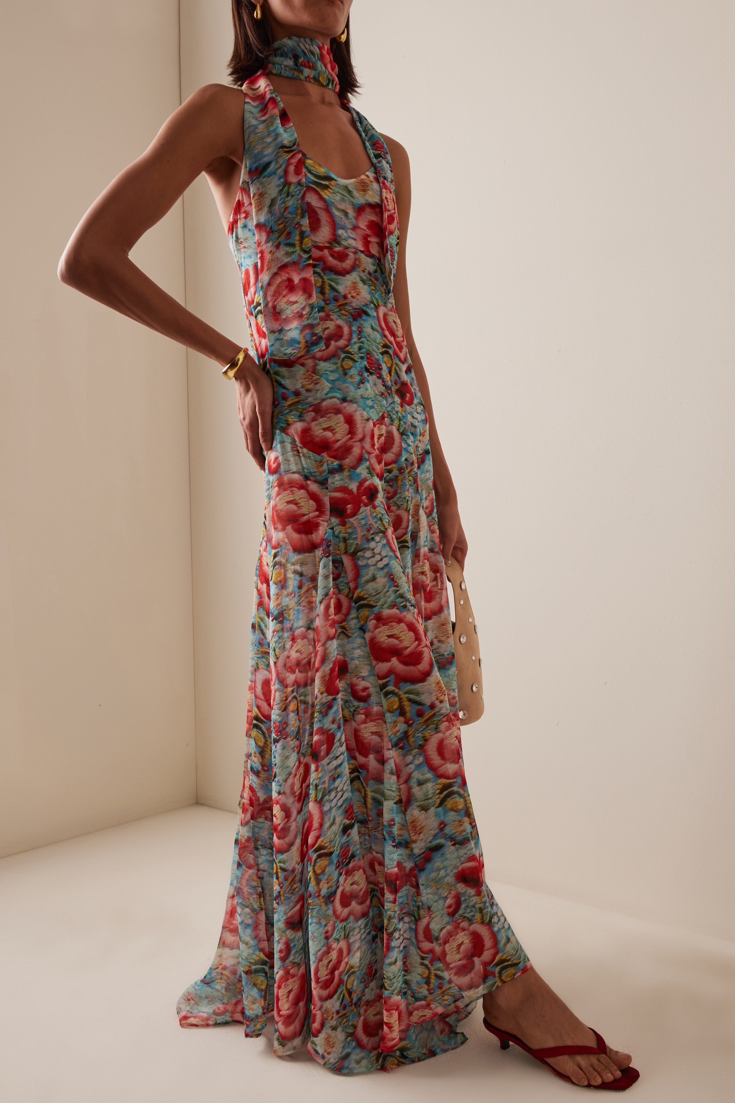 Floral Halter Neck Backless Maxi Dress