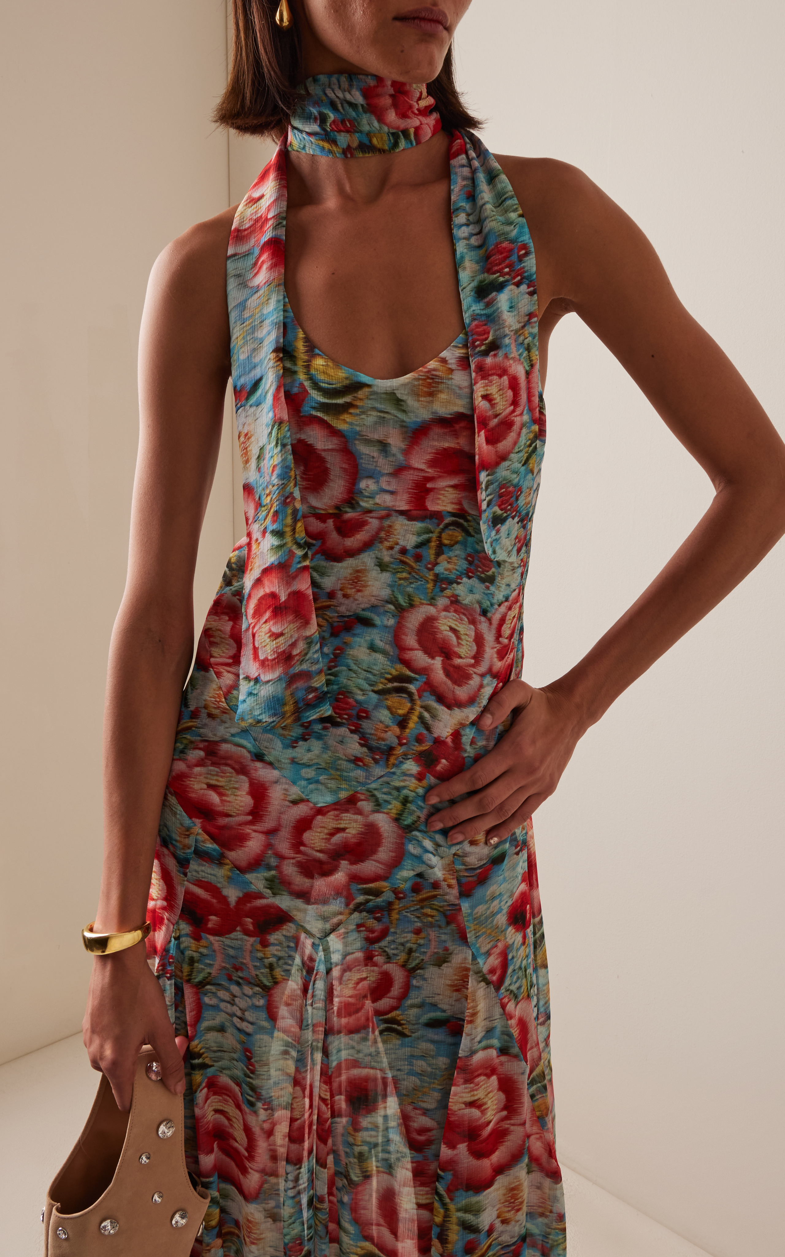Floral Halter Neck Backless Maxi Dress