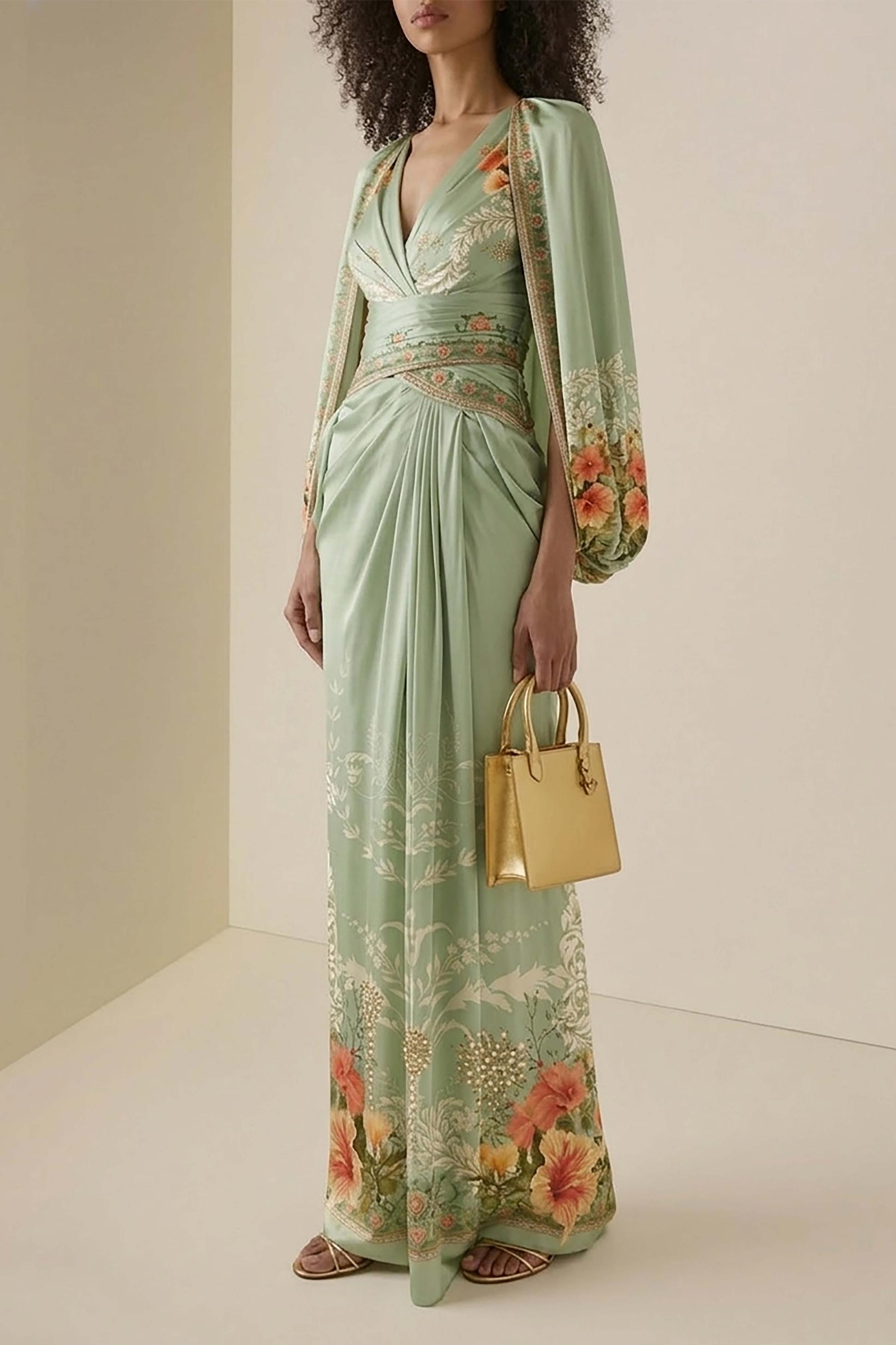 Floral Cape Sleeve Pleated Maxi Dress