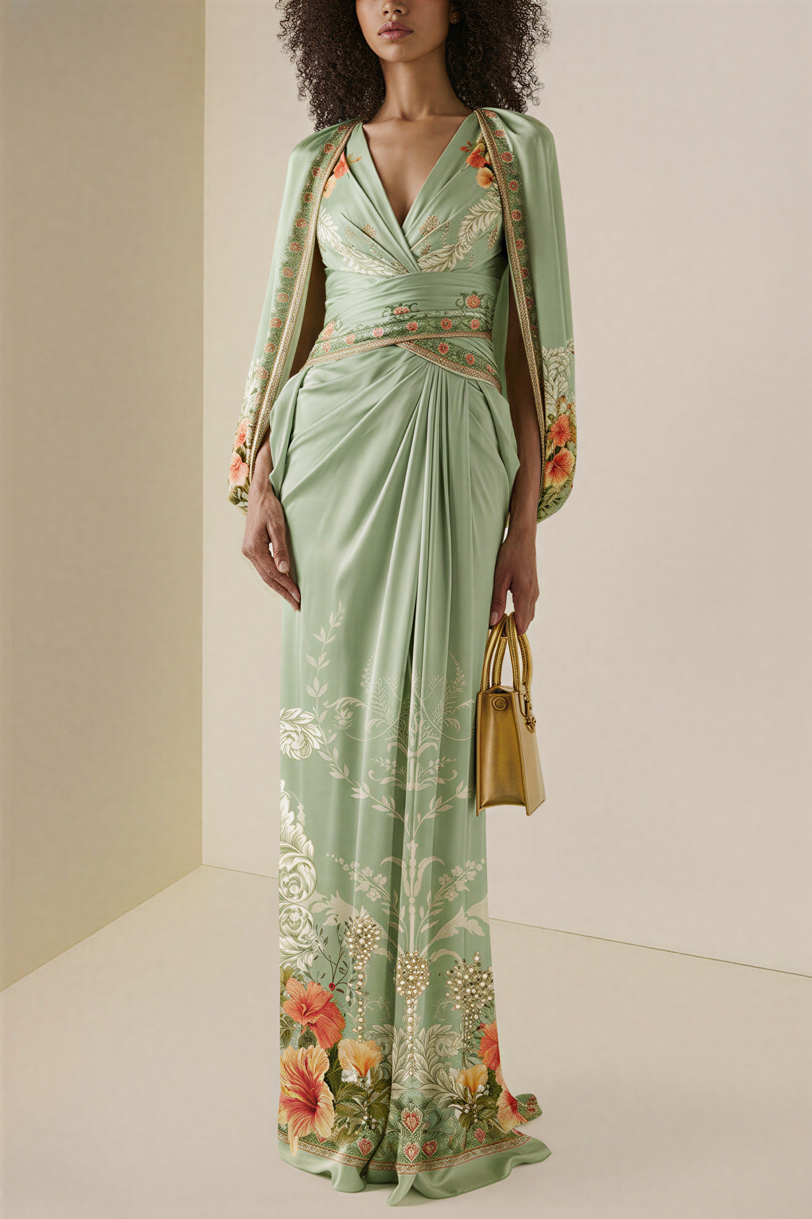 Floral Cape Sleeve Pleated Maxi Dress
