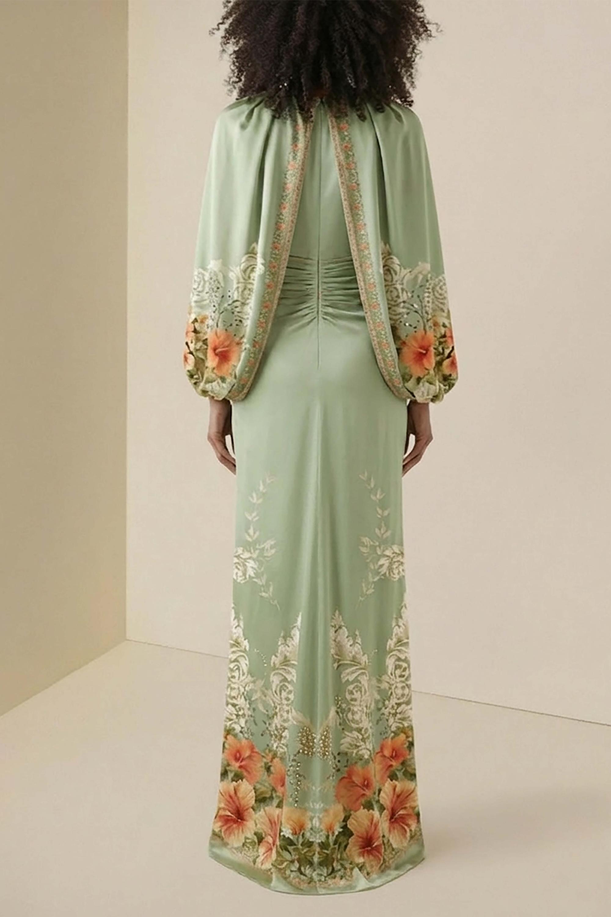 Floral Cape Sleeve Pleated Maxi Dress