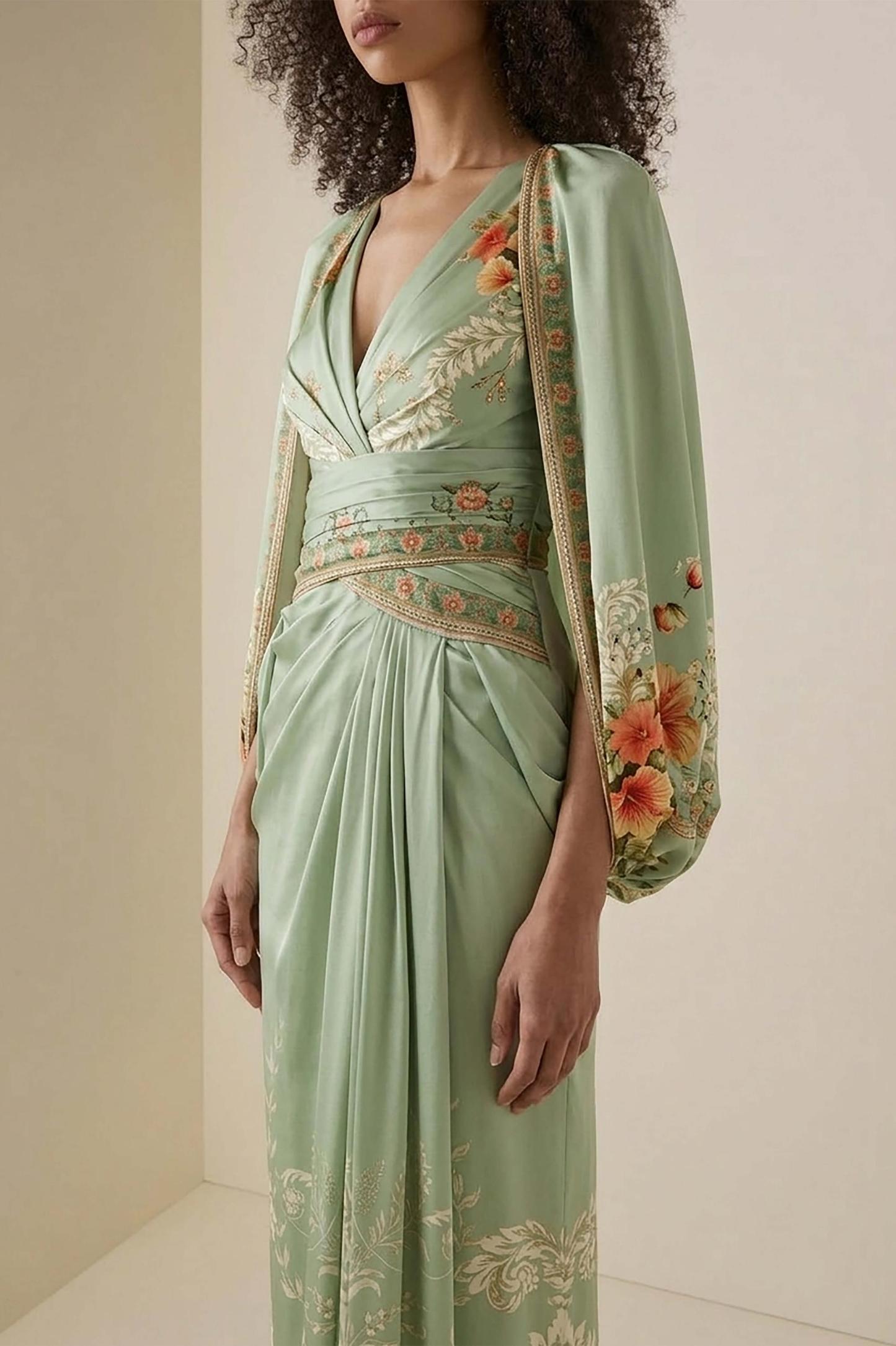 Floral Cape Sleeve Pleated Maxi Dress