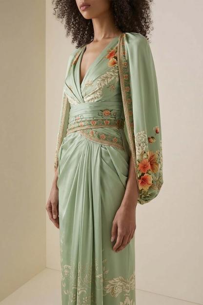 Floral Cape Sleeve Pleated Maxi Dress