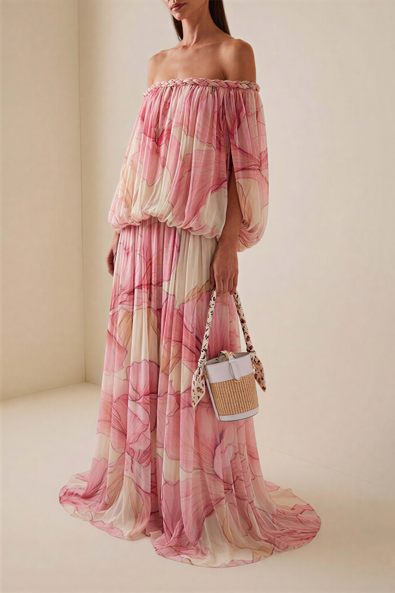 Floral Decorative Rope Off Shoulder Maxi Dress