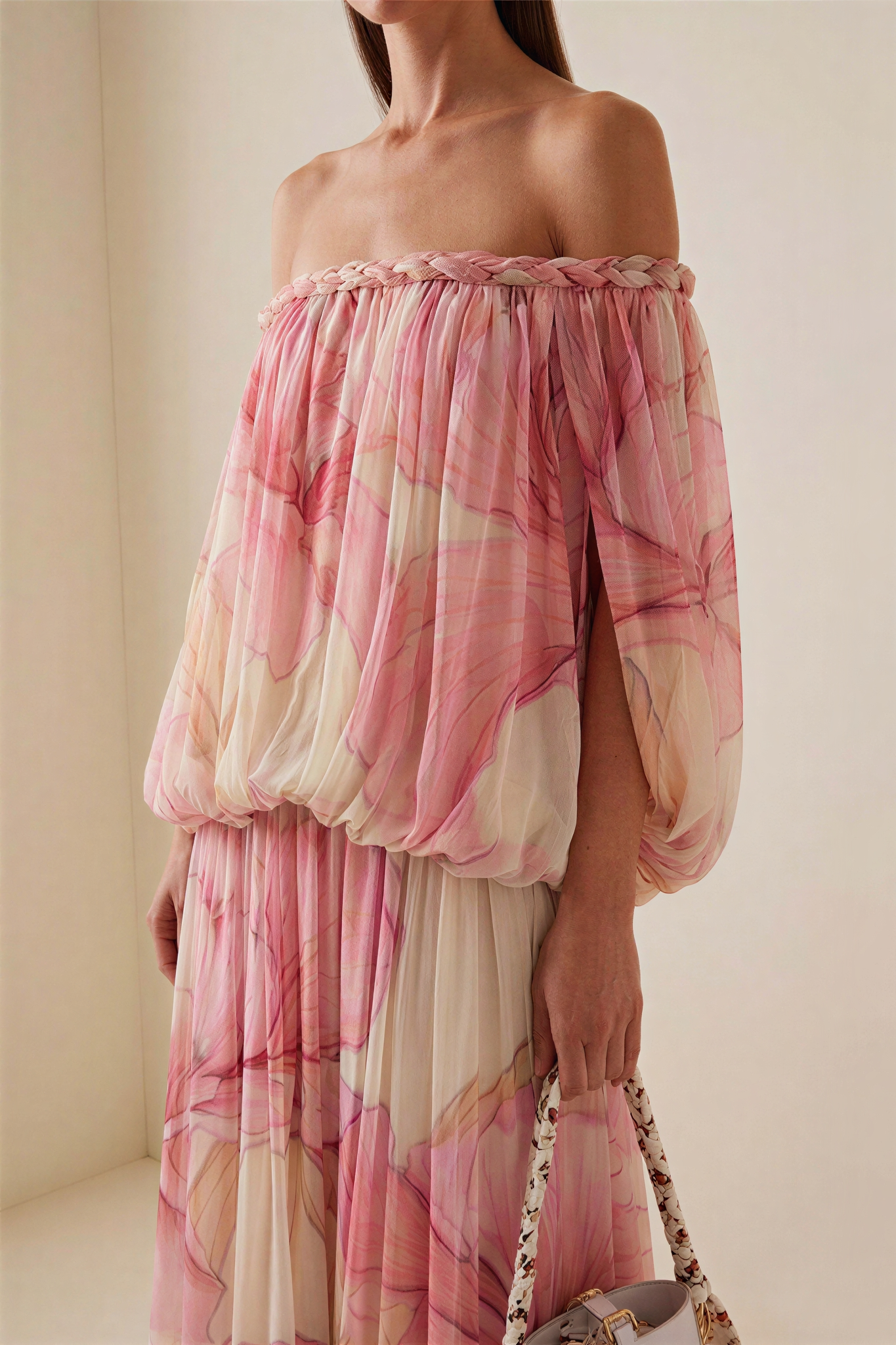 Floral Decorative Rope Off Shoulder Maxi Dress