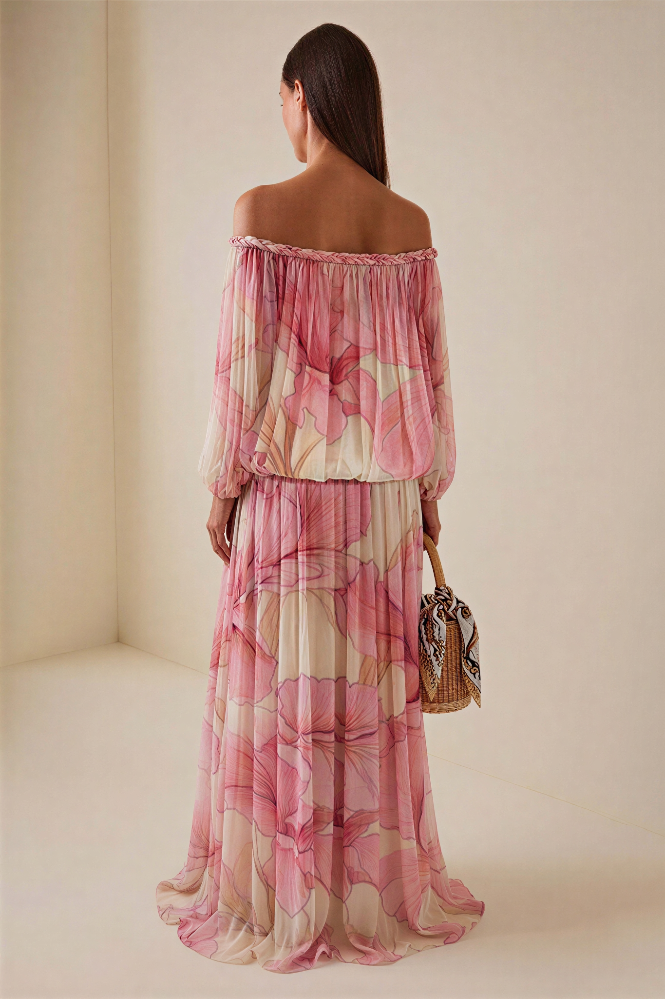 Floral Decorative Rope Off Shoulder Maxi Dress