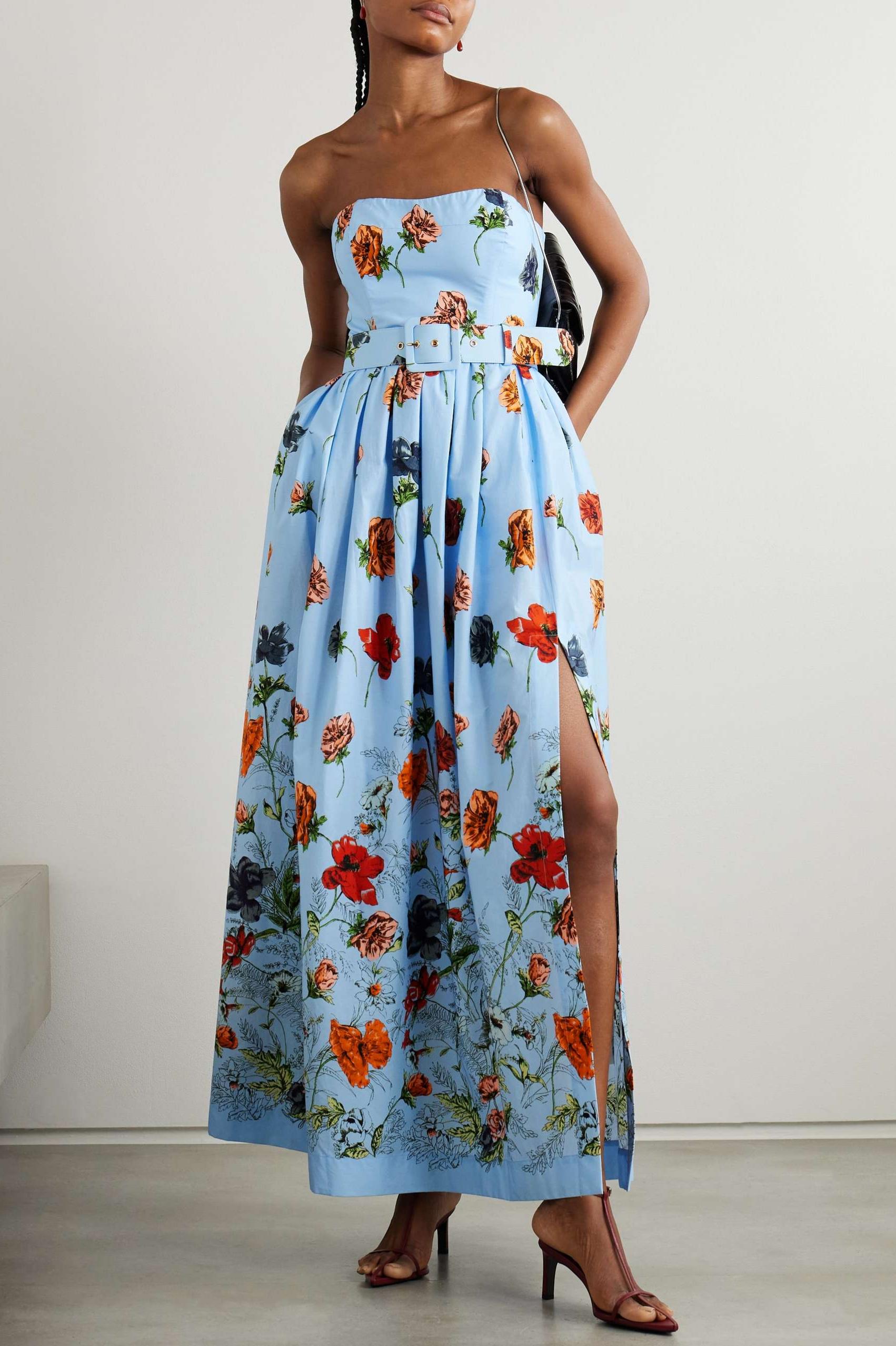 Floral Strapless Midi Dress With Belt