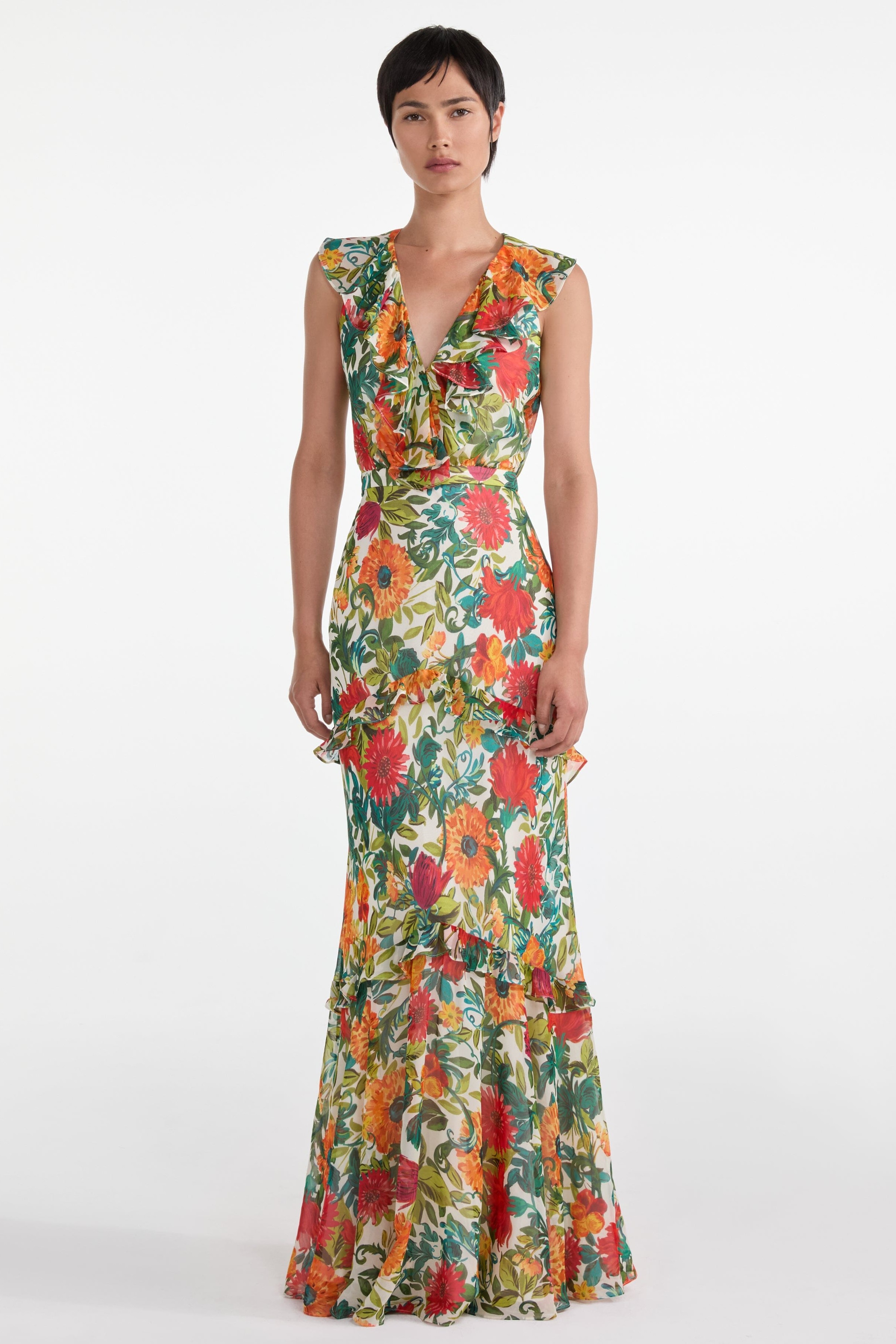 Floral Ruffle V-Neck Maxi Dress