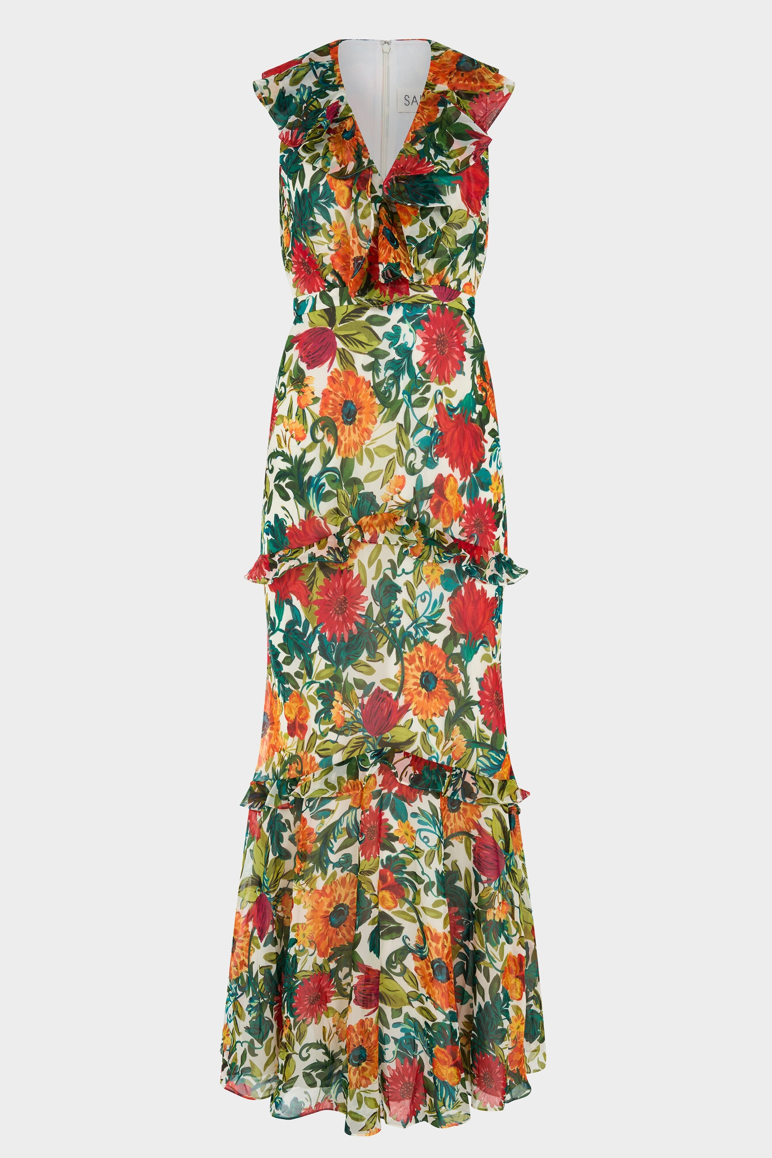 Floral Ruffle V-Neck Maxi Dress