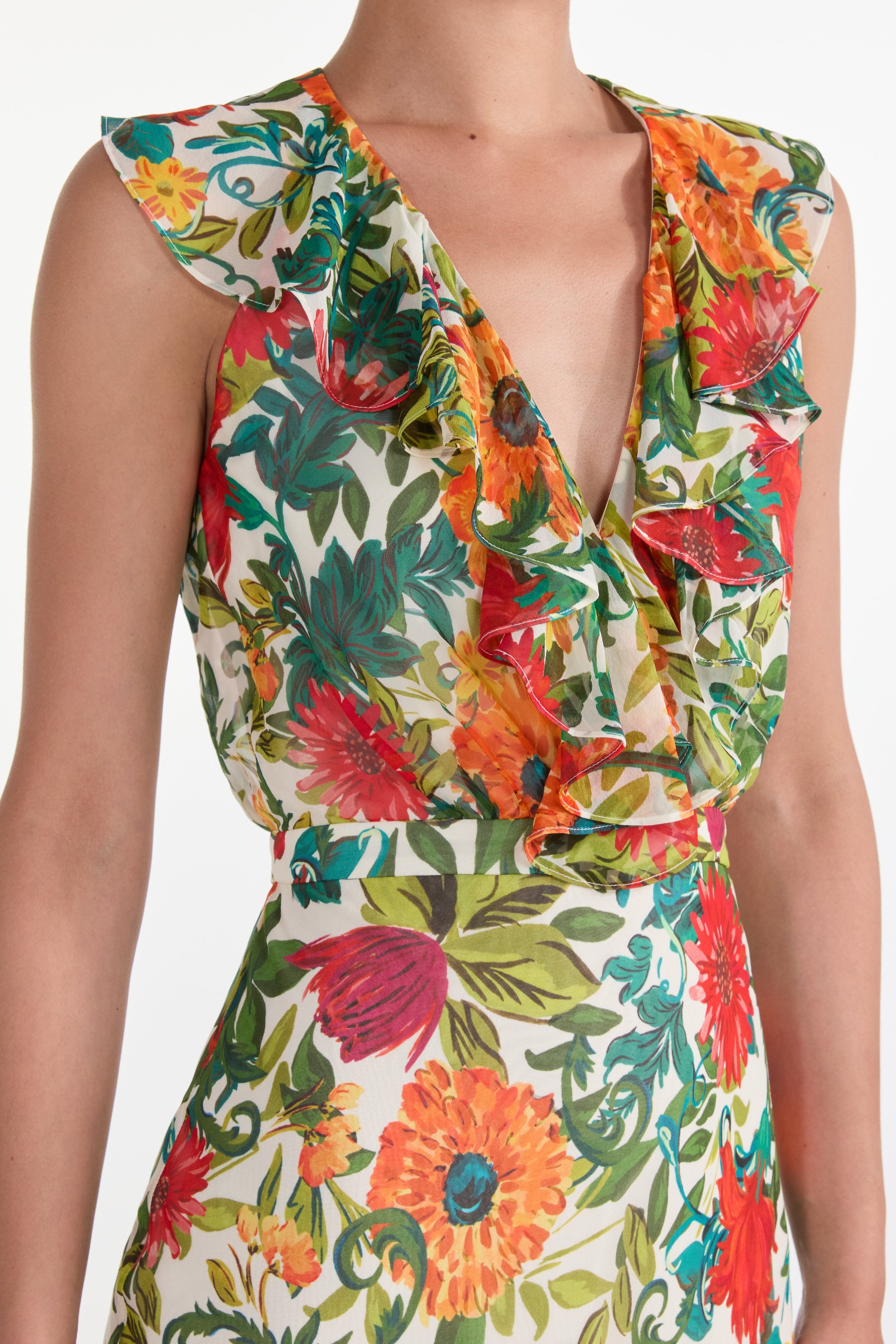 Floral Ruffle V-Neck Maxi Dress