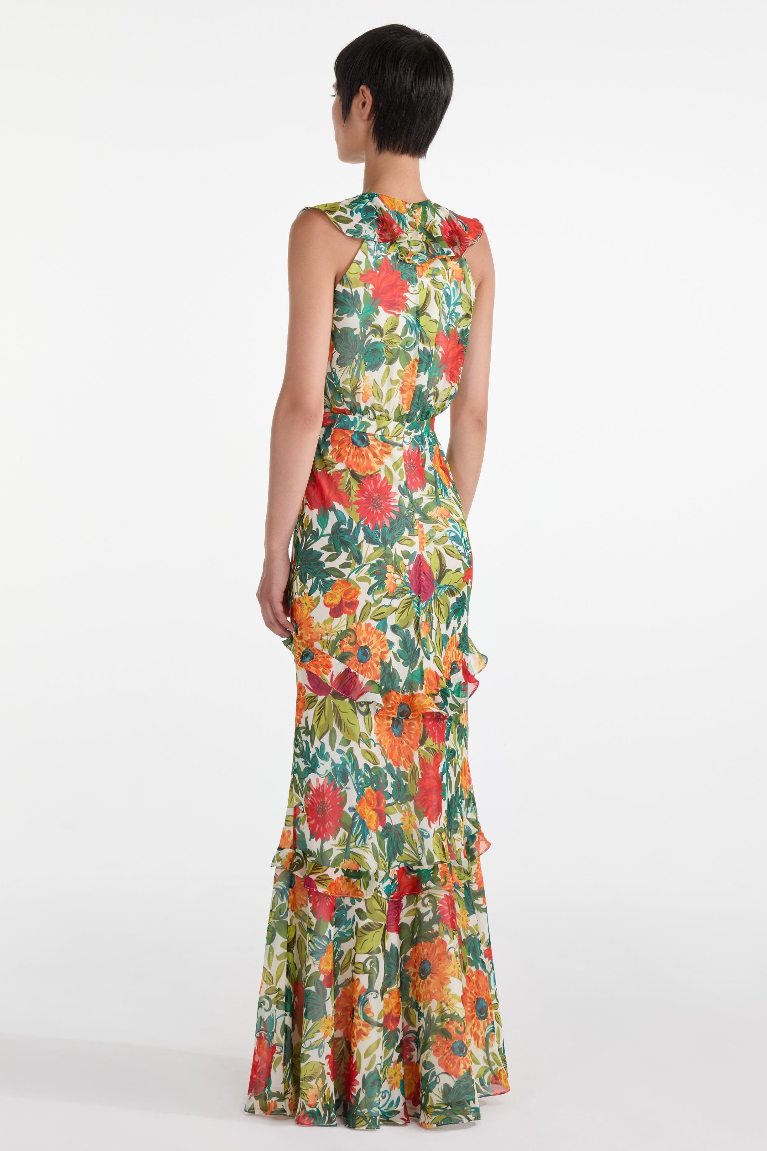 Floral Ruffle V-Neck Maxi Dress