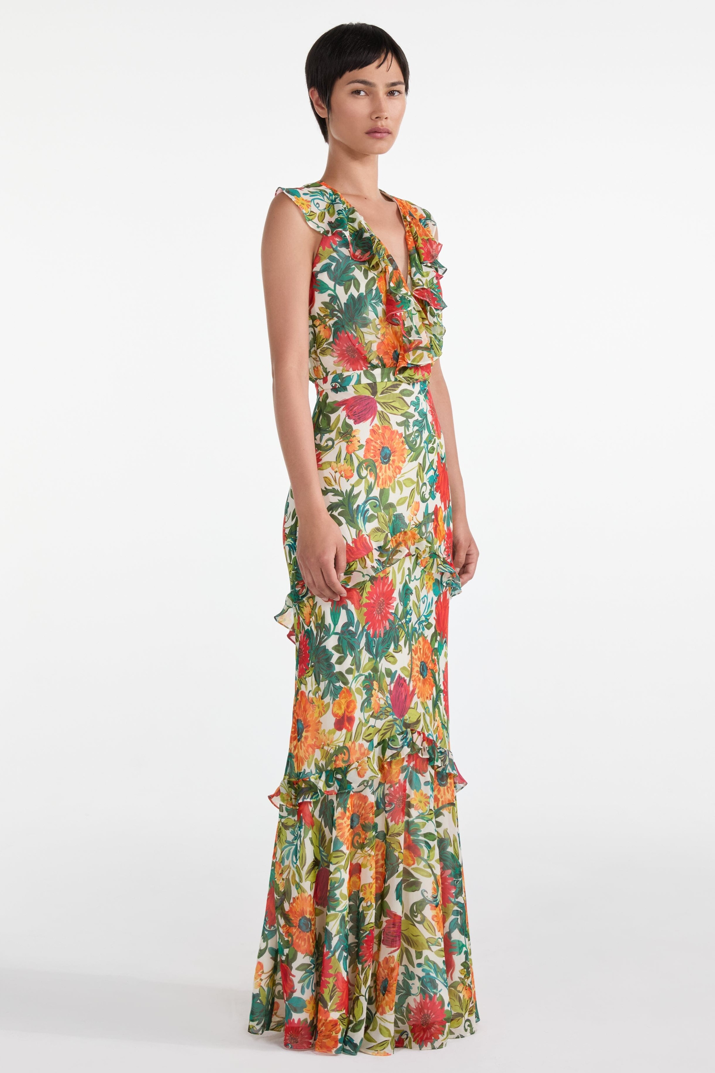 Floral Ruffle V-Neck Maxi Dress