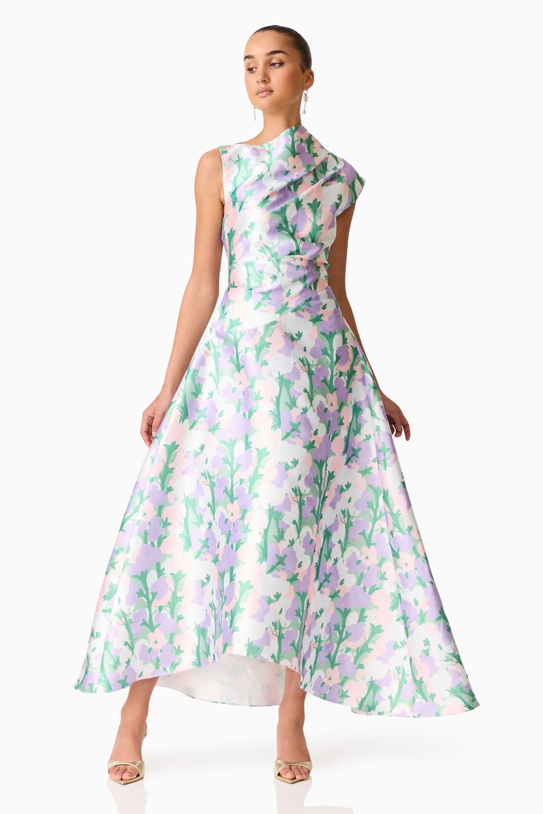 Satin Floral Ruched Midi Dress