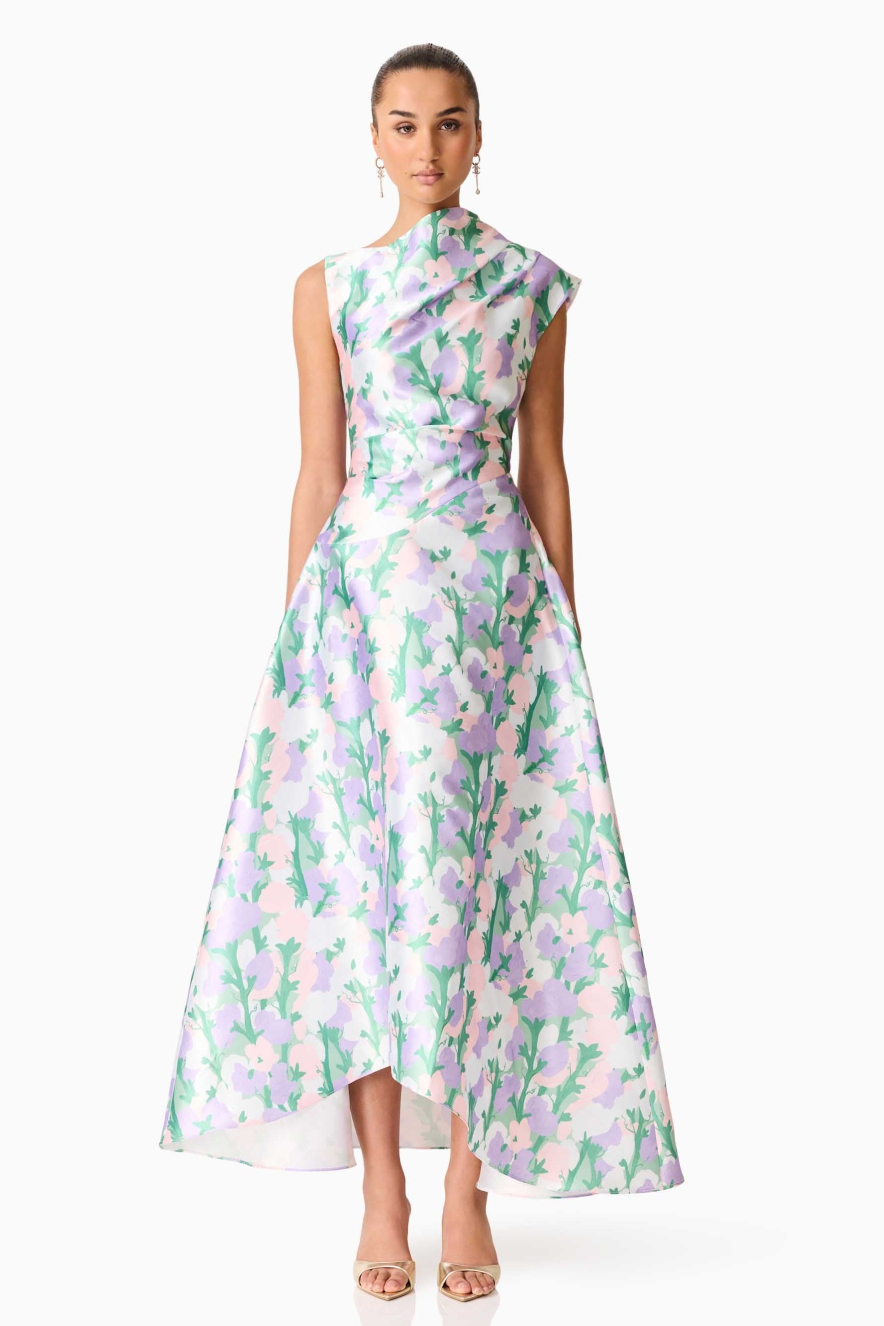 Satin Floral Ruched Midi Dress