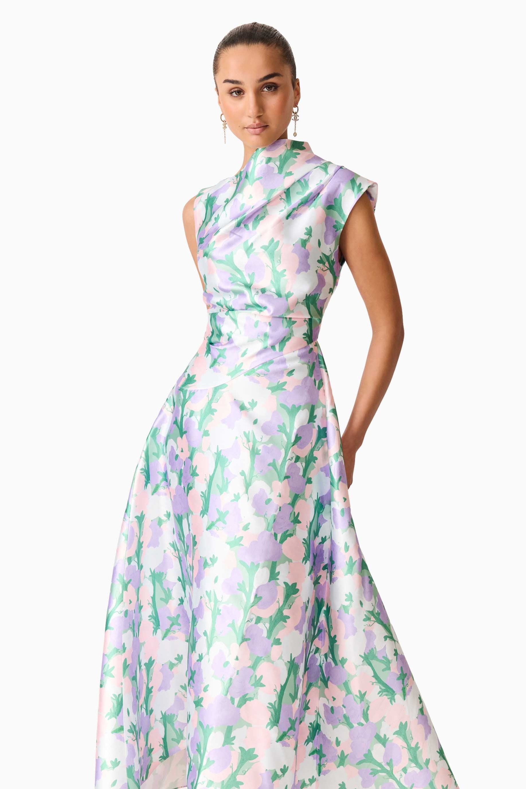 Satin Floral Ruched Midi Dress