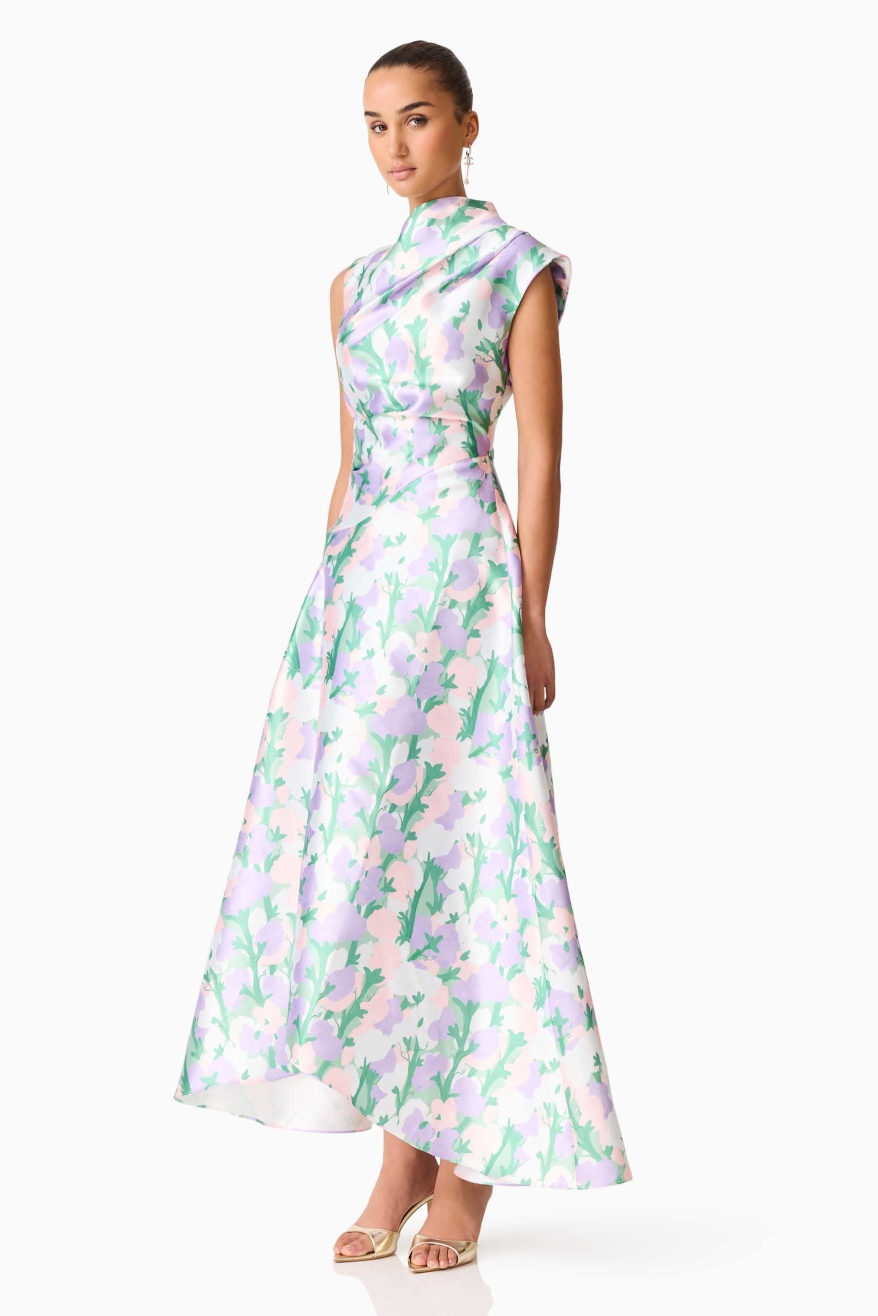 Satin Floral Ruched Midi Dress