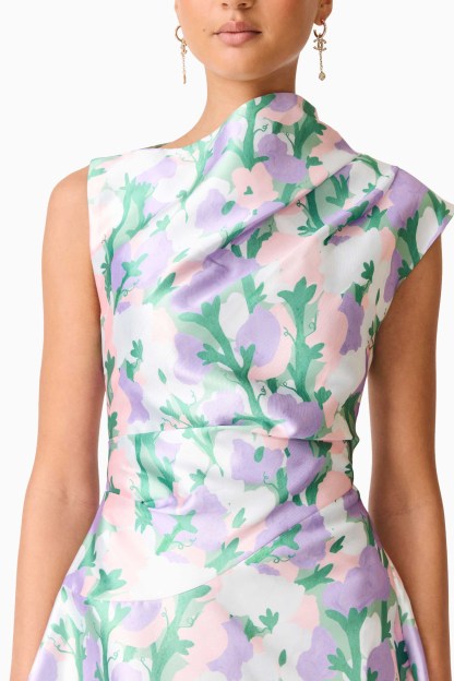 Satin Floral Ruched Midi Dress