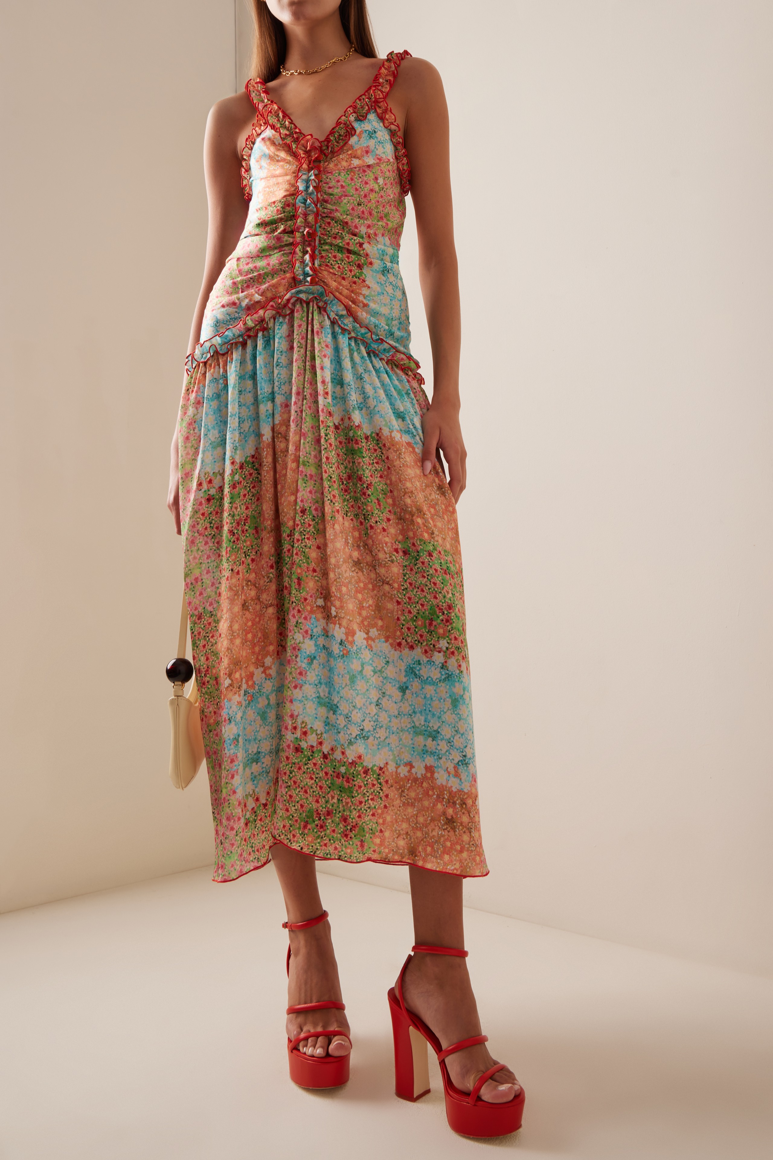 Abstract Print Gathering Frill Midi Dress