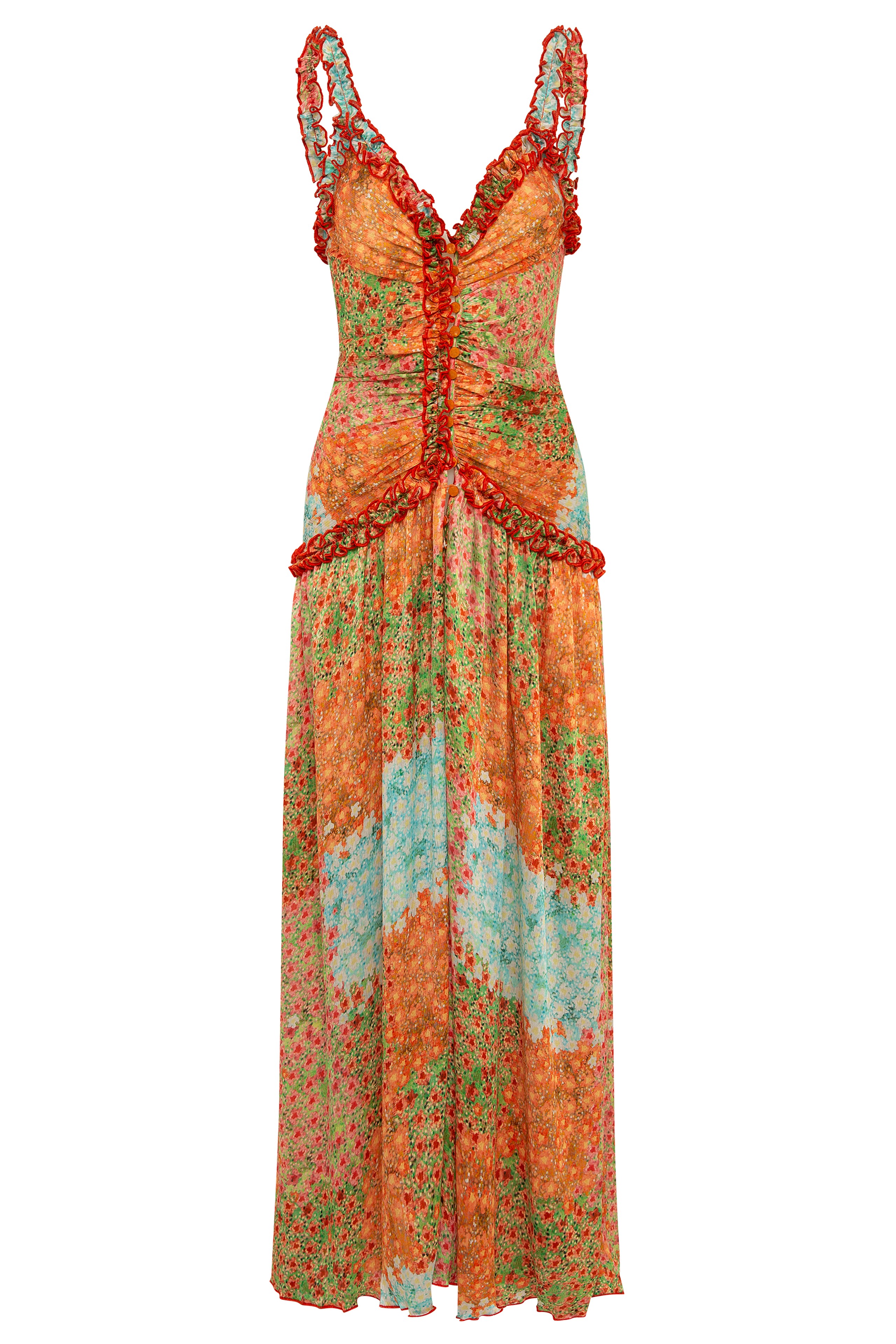 Abstract Print Gathering Frill Midi Dress