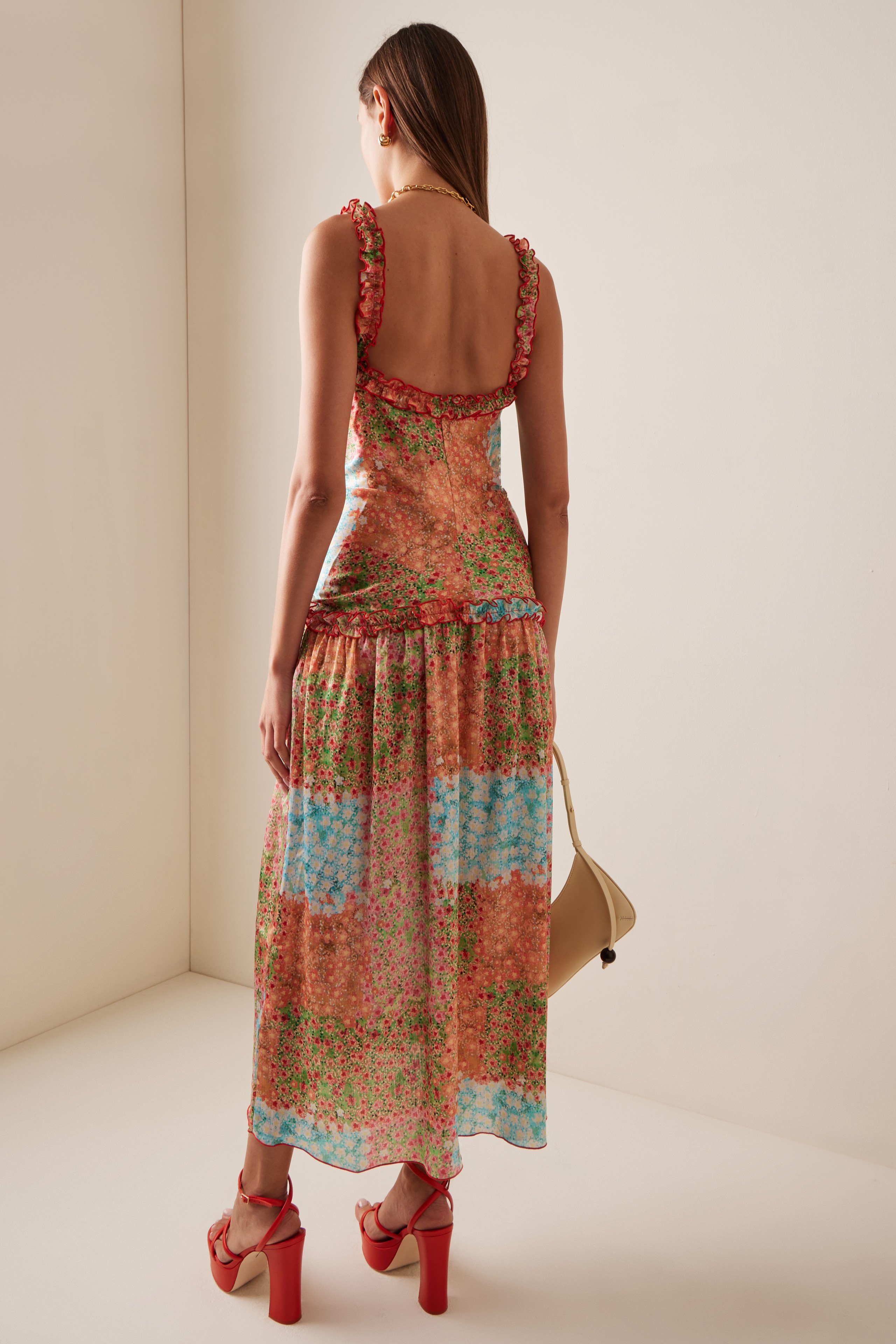 Abstract Print Gathering Frill Midi Dress