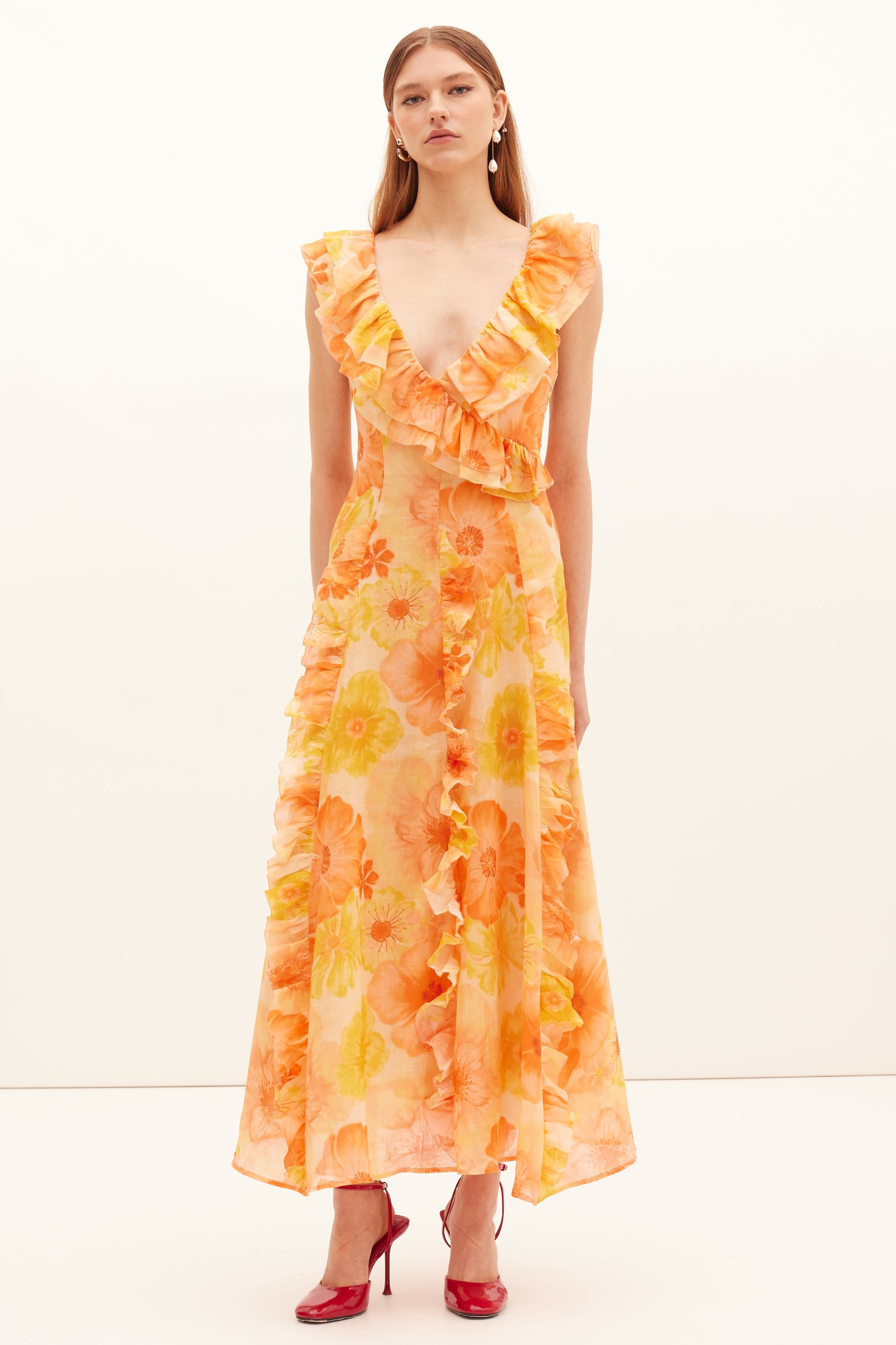 Floral Frill V-Neck Midi Dress