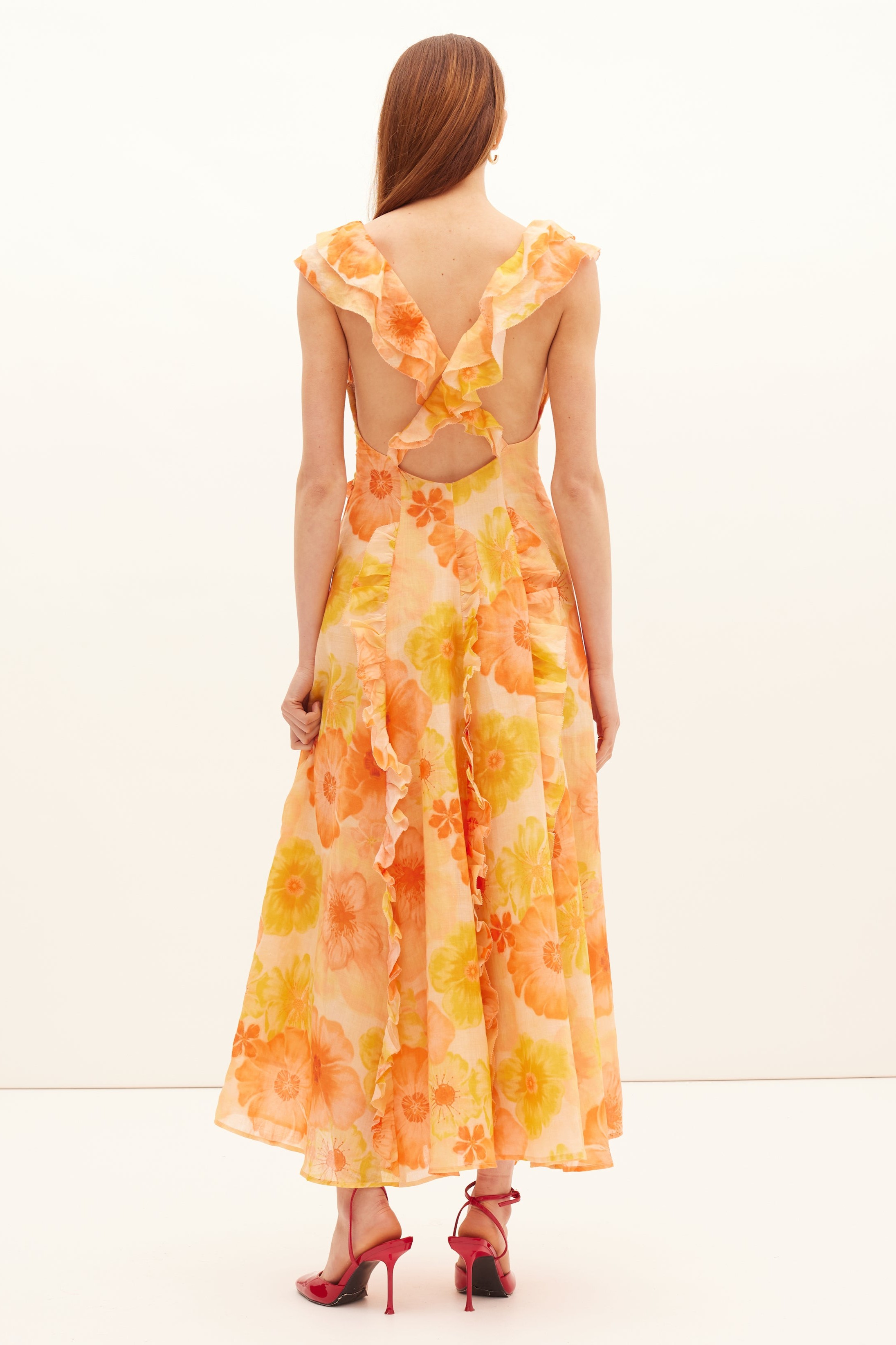 Floral Frill V-Neck Midi Dress