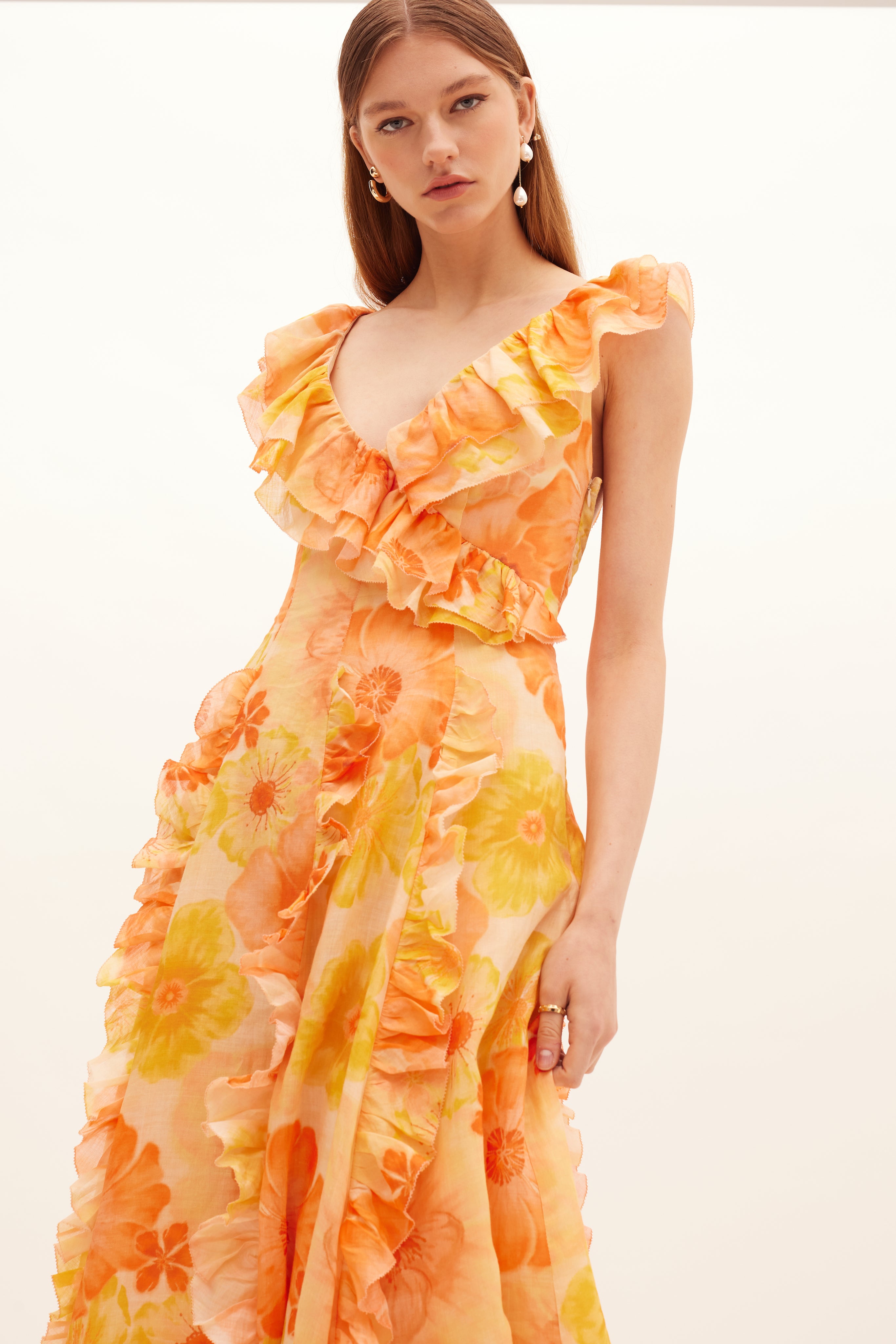 Floral Frill V-Neck Midi Dress