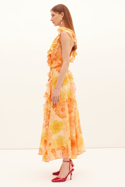 Floral Frill V-Neck Midi Dress