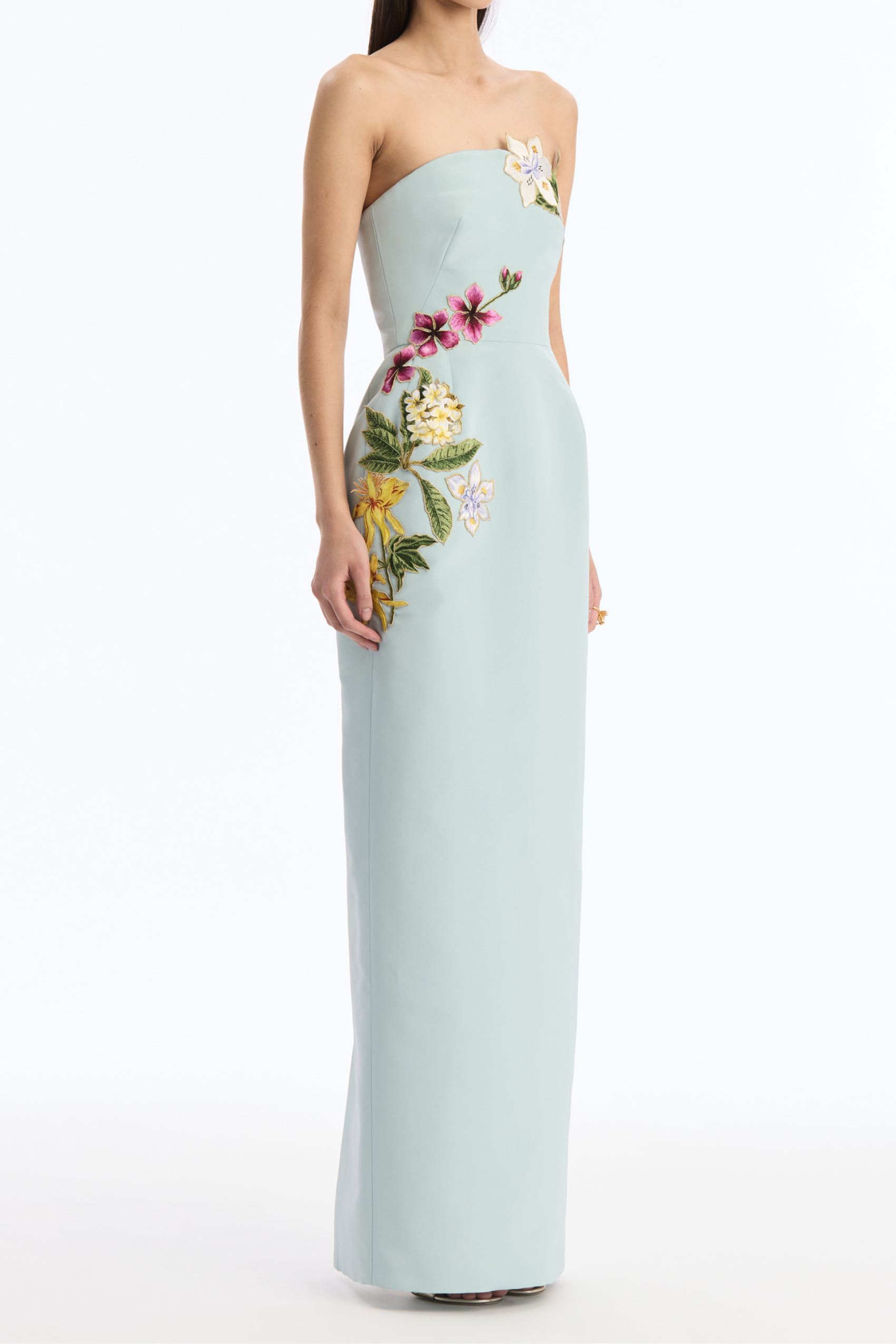 Embroidered Strapless Slit Maxi Dress