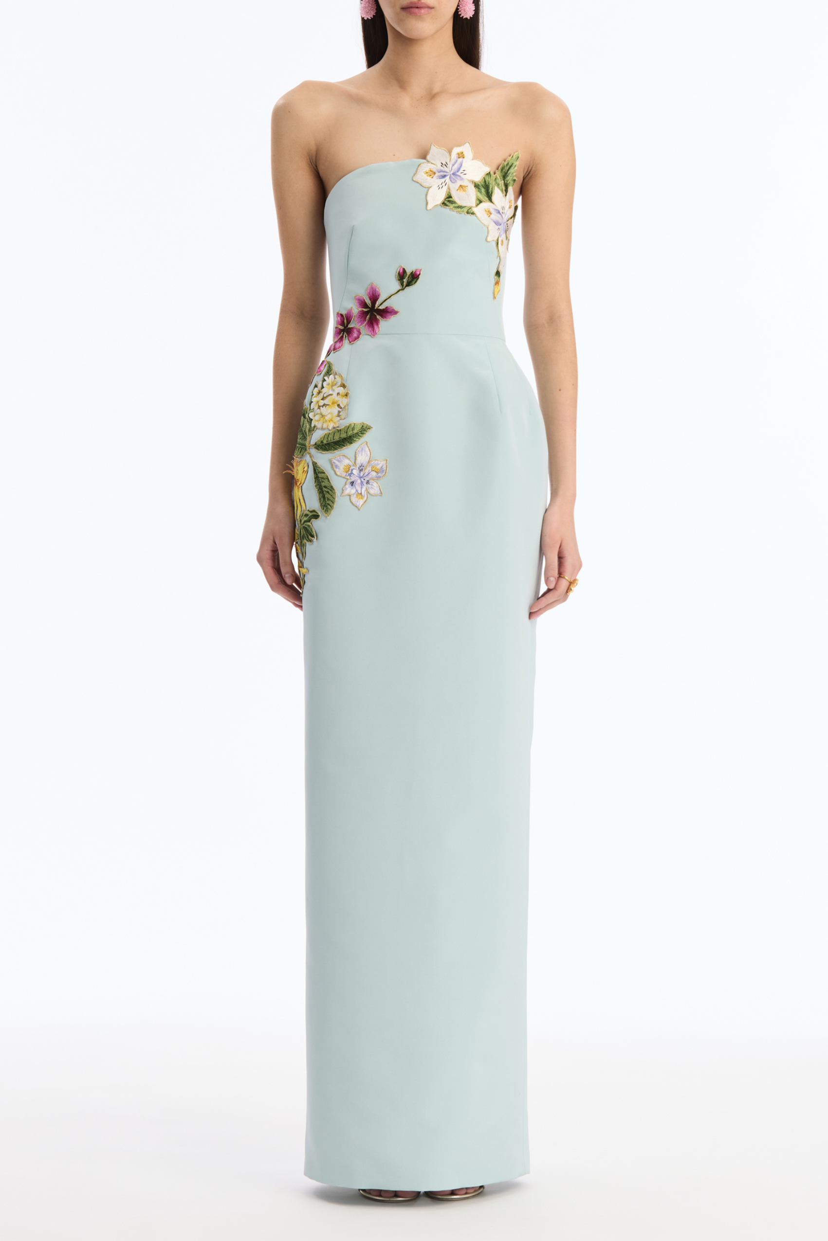 Embroidered Strapless Slit Maxi Dress